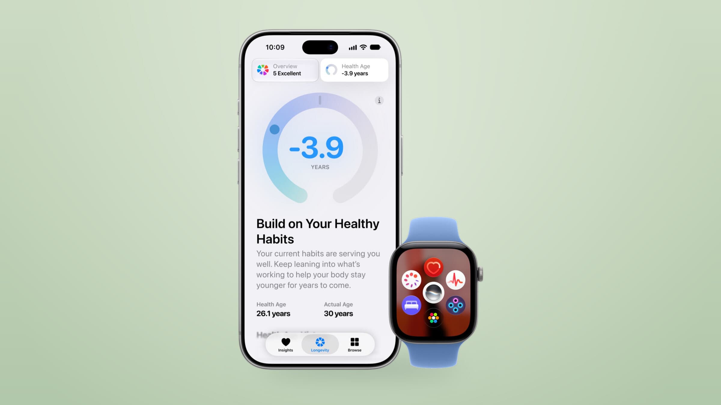 iPhone 18 Pro showing the redesigned Health app next to Apple Watch Series 12, on a soft green gradient