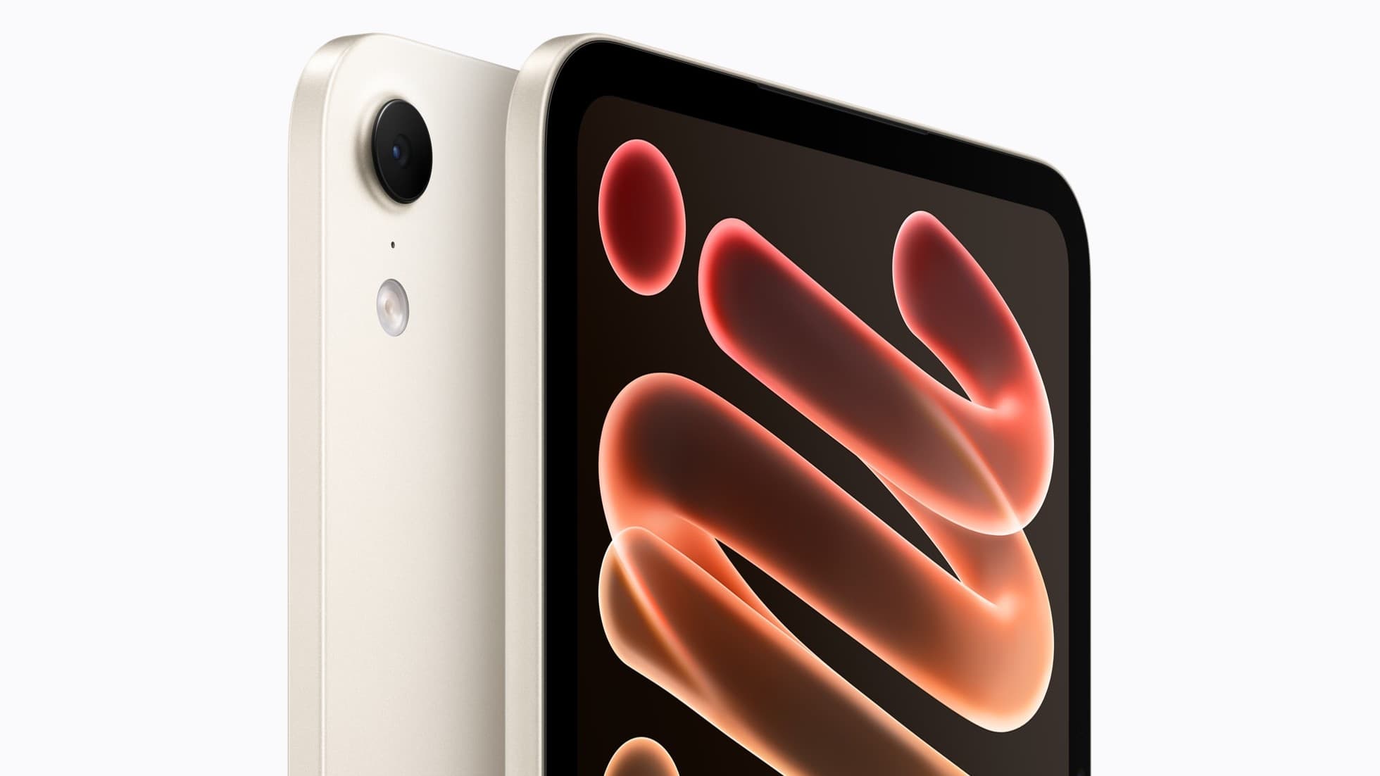 The new iPad mini in starlight, showing its single rear camera and OLED display
