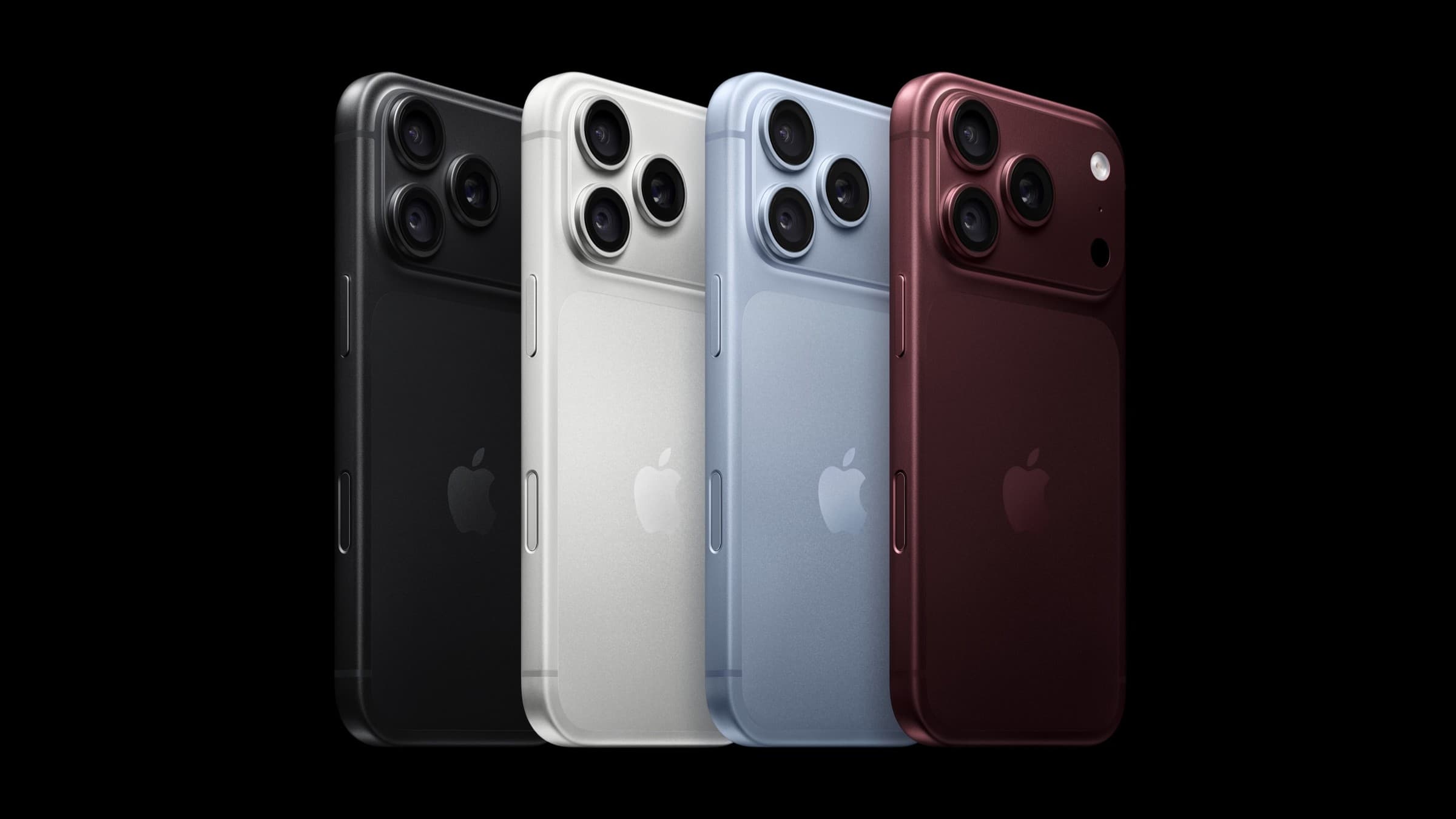 iPhone 18 Pro in four colours, shown from the back on a black background