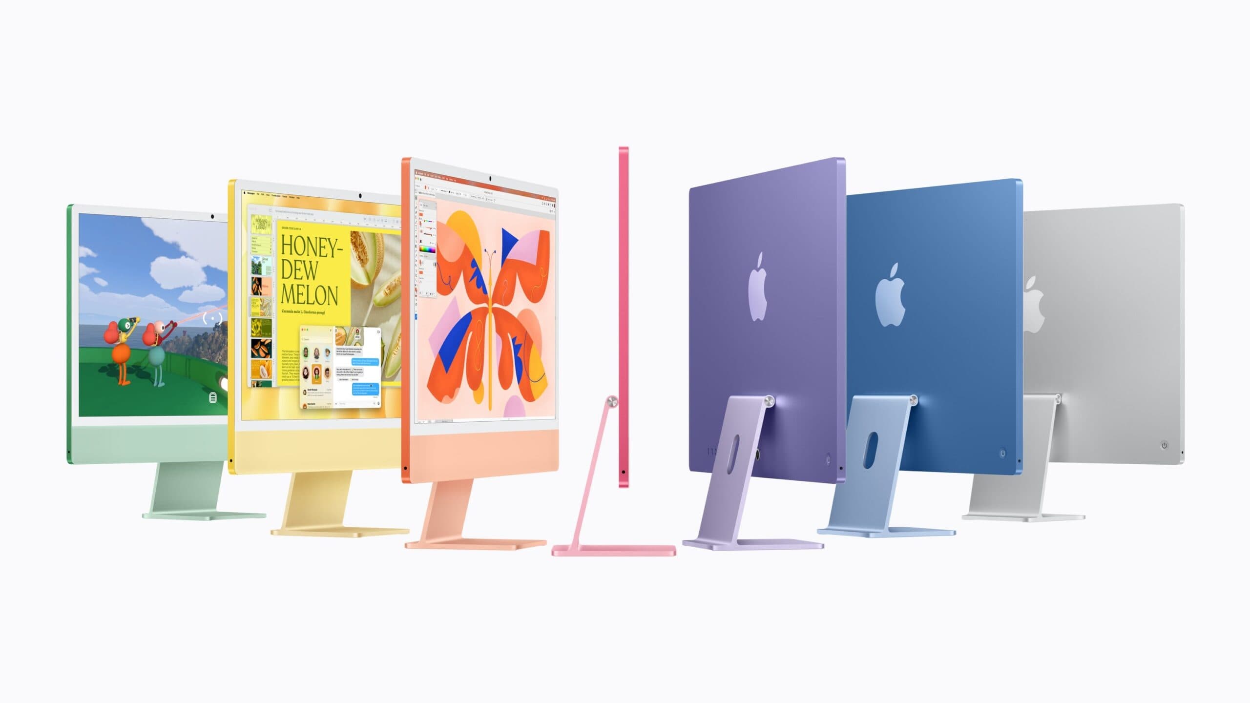 The new iMac with M6 in its seven colours: green, yellow, orange, pink, purple, blue and silver