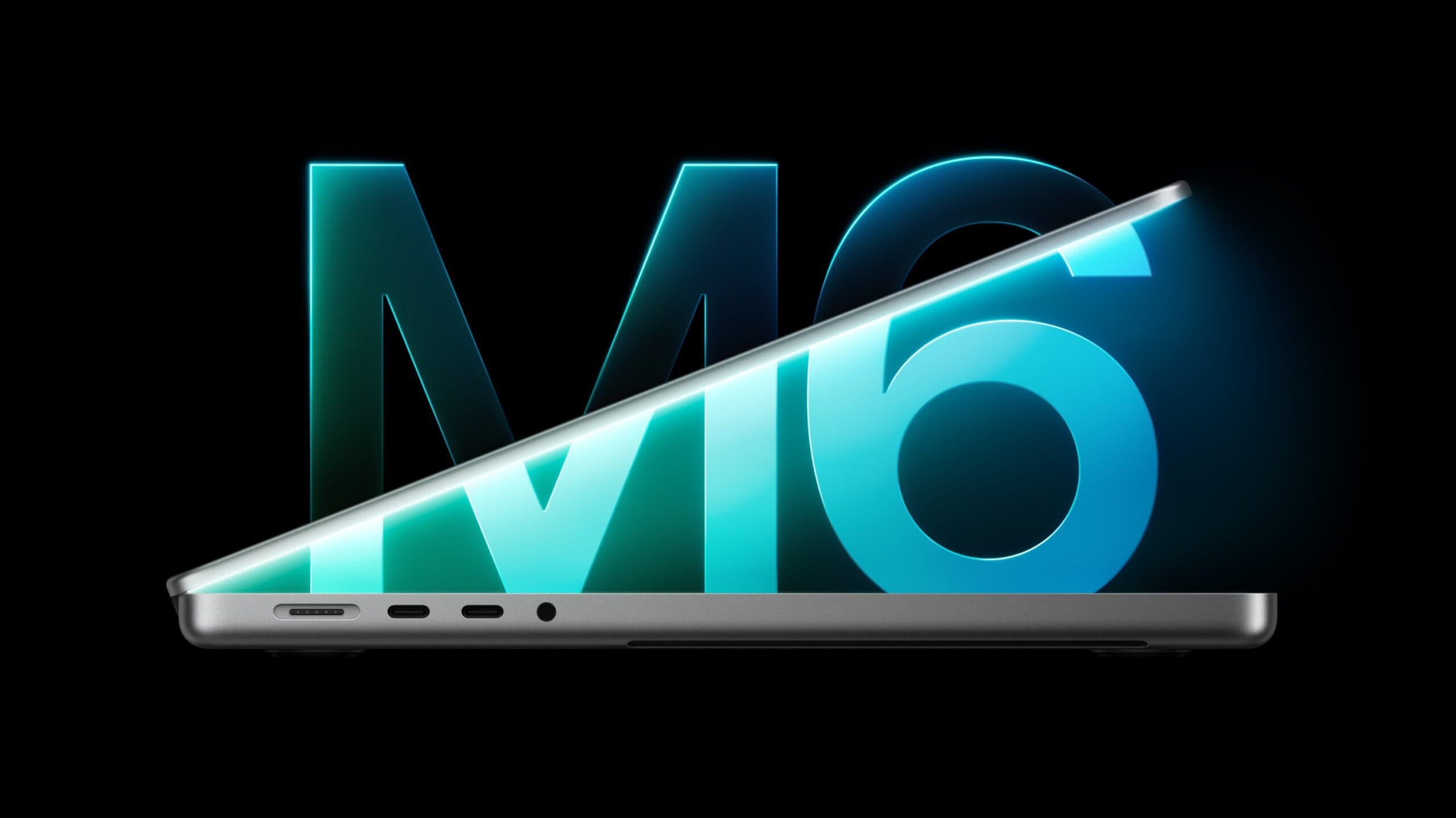 The new 14-inch MacBook Pro with M6 in space black, shown side-on in front of a glowing M6 logo
