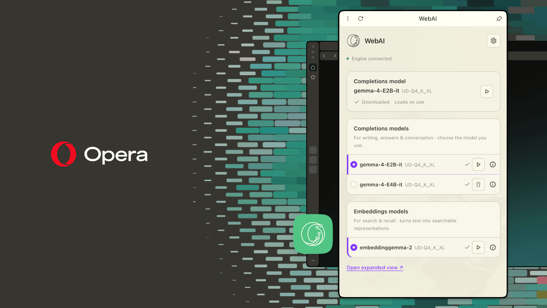 Opera WebAI press image showing local AI models in the Opera One browser