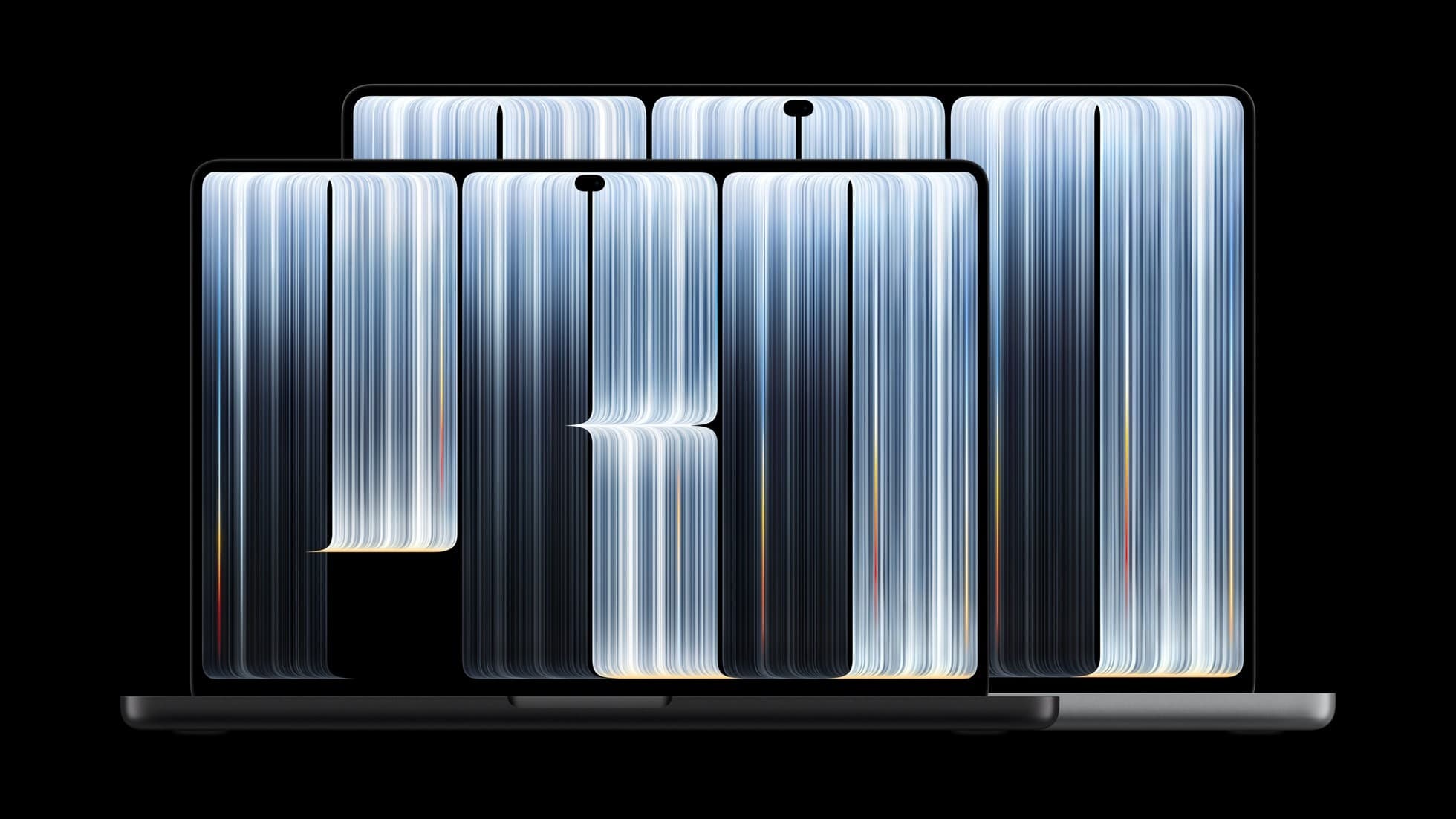 The new 14-inch and 16-inch MacBook Pro with PROLED XDR Display side by side on a black background