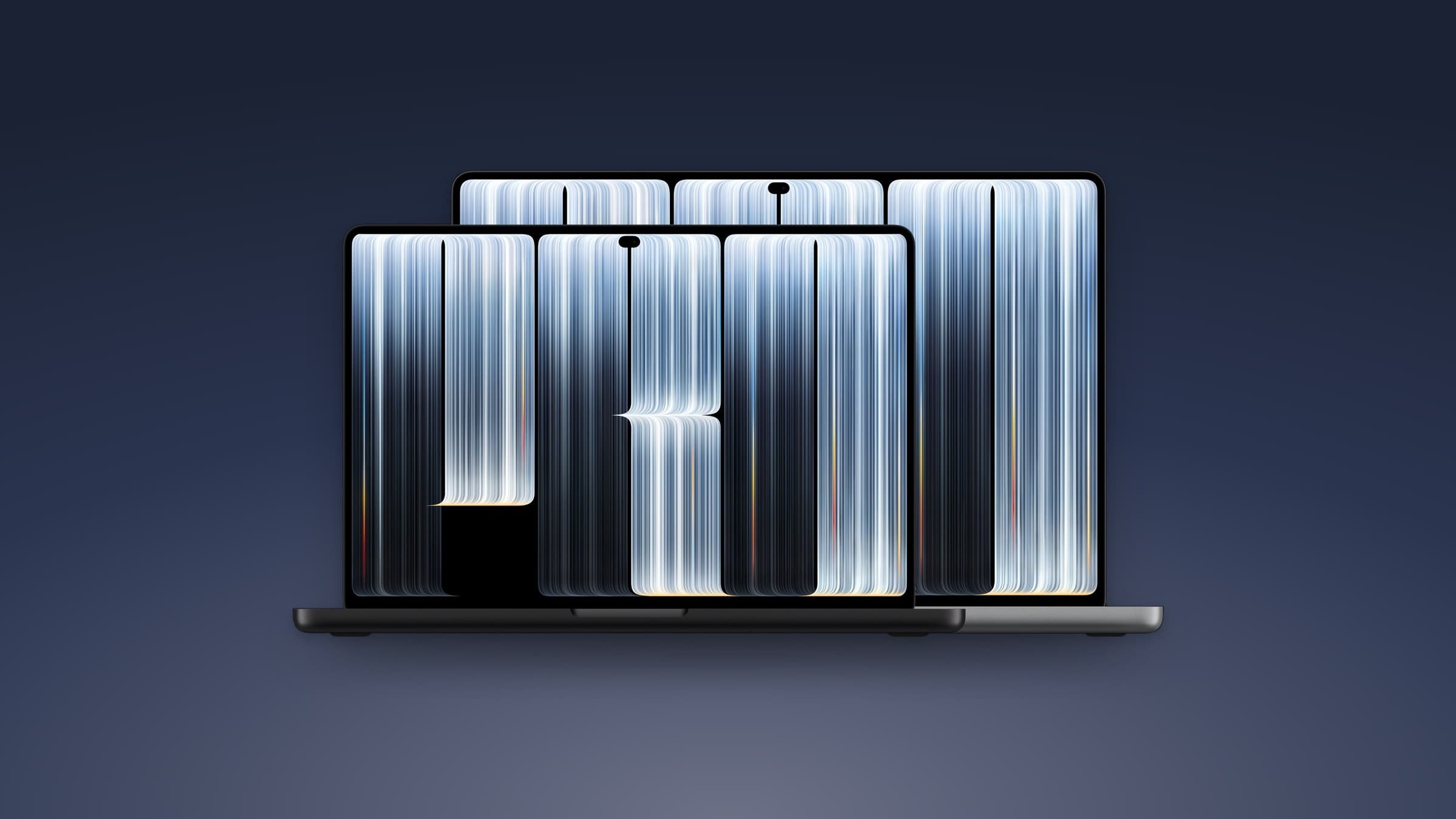 The new 14-inch and 16-inch MacBook Pro with PROLED XDR Display, one in space black in front of one in silver, on a blue gradient