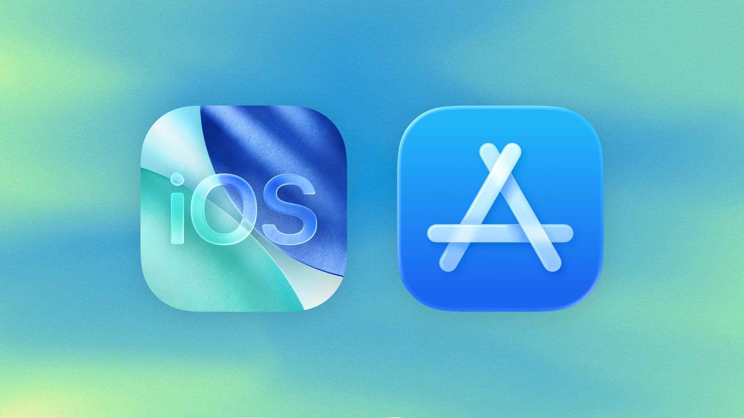The iOS and App Store icons on a blue and green gradient background