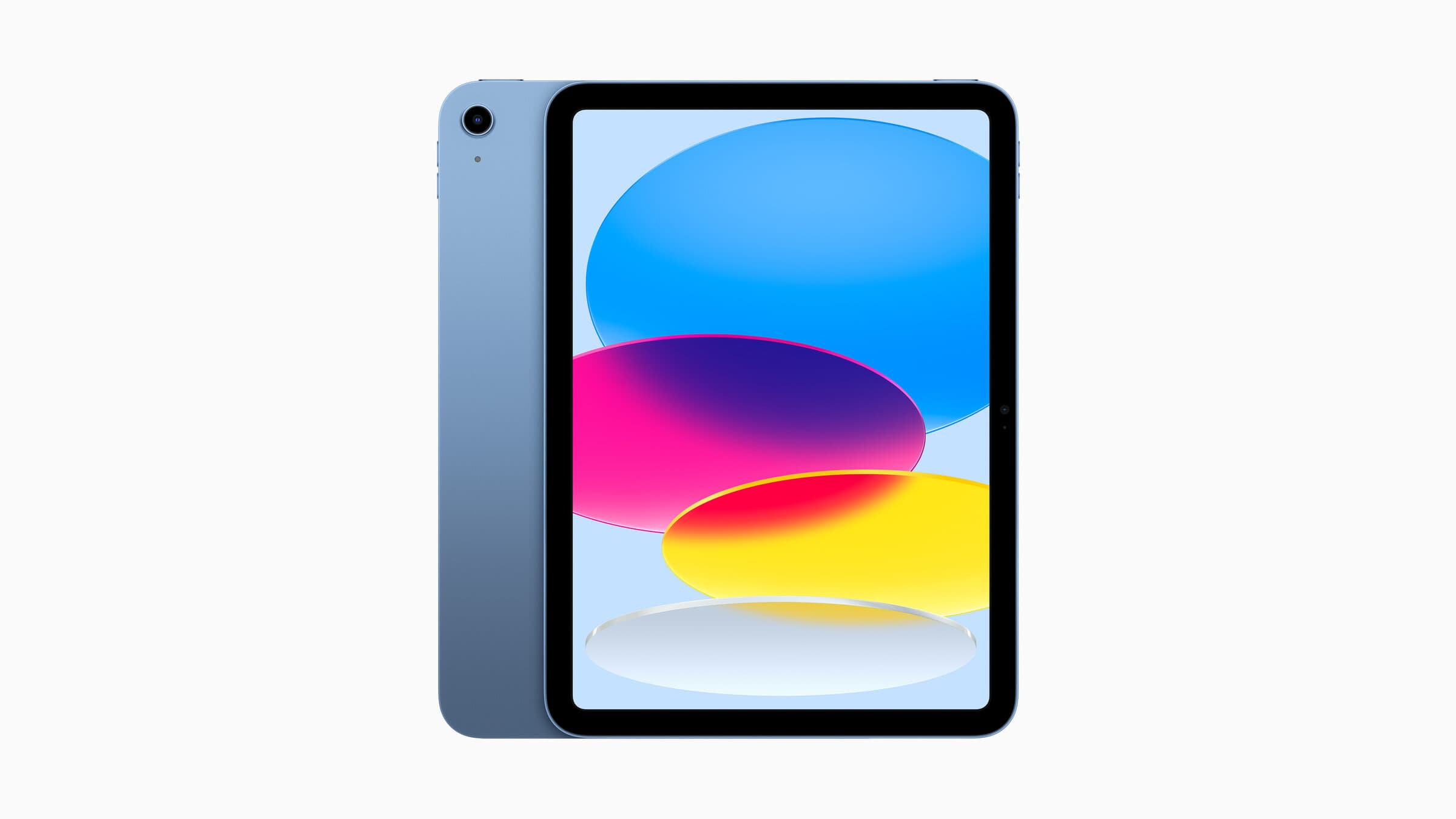 Blue entry-level iPad on a light background