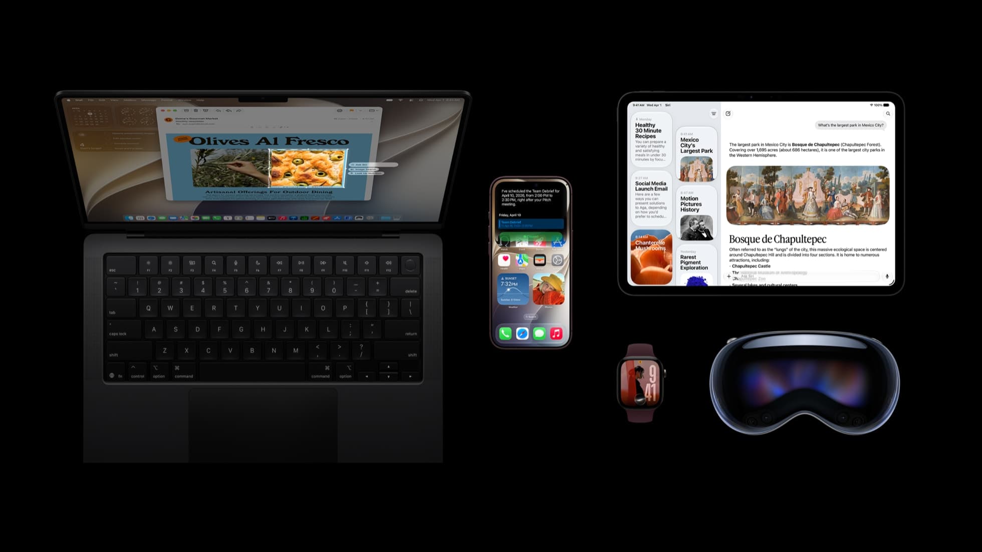 A MacBook running macOS 27 on a desk next to iPhone 18 Pro, iPad, Apple Watch Series 12 and Apple Vision Pro