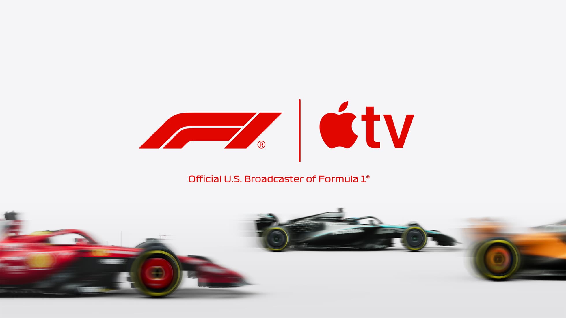 Formula 1 and Apple TV logos above three Formula 1 cars racing across a white background