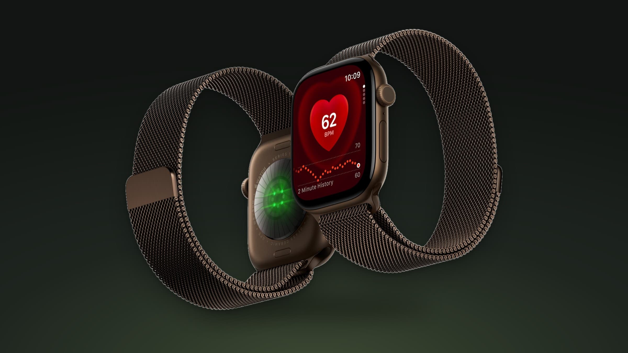 Apple Watch Series 12 shown front and back, revealing the sensor array, on a dark green gradient