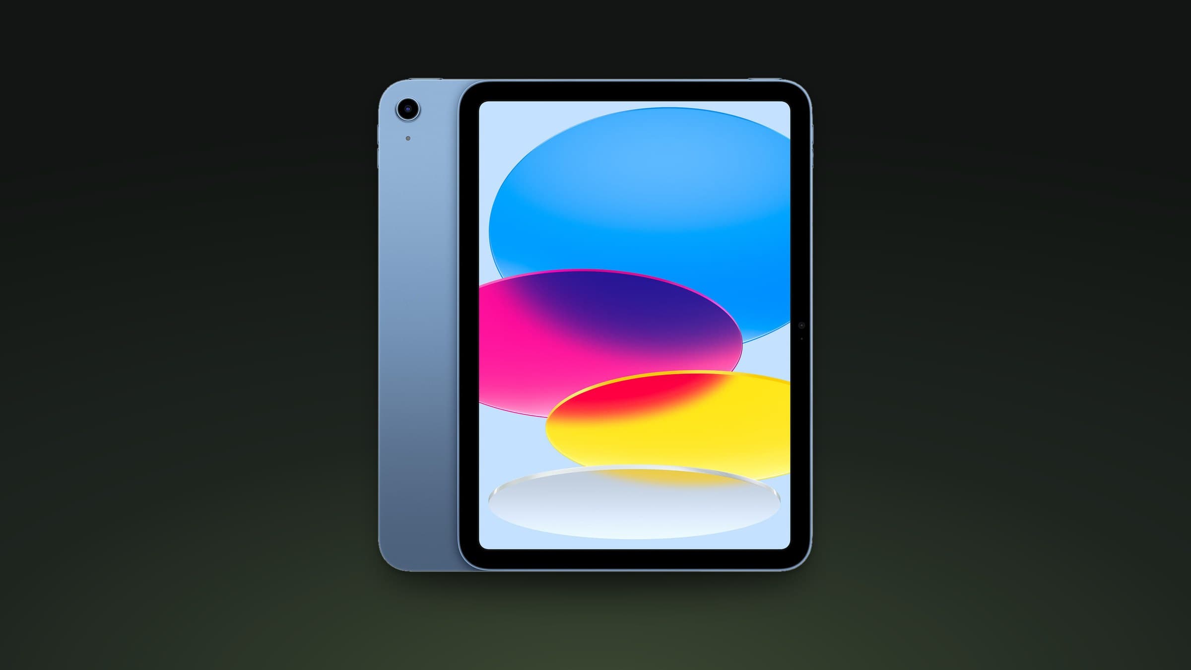 Blue iPad shown from the front and back on a dark green gradient background