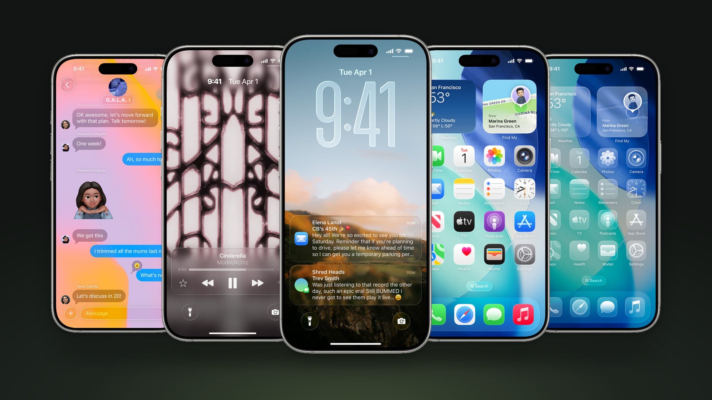 Five iPhones showing the iOS 26 Liquid Glass design on a dark green background