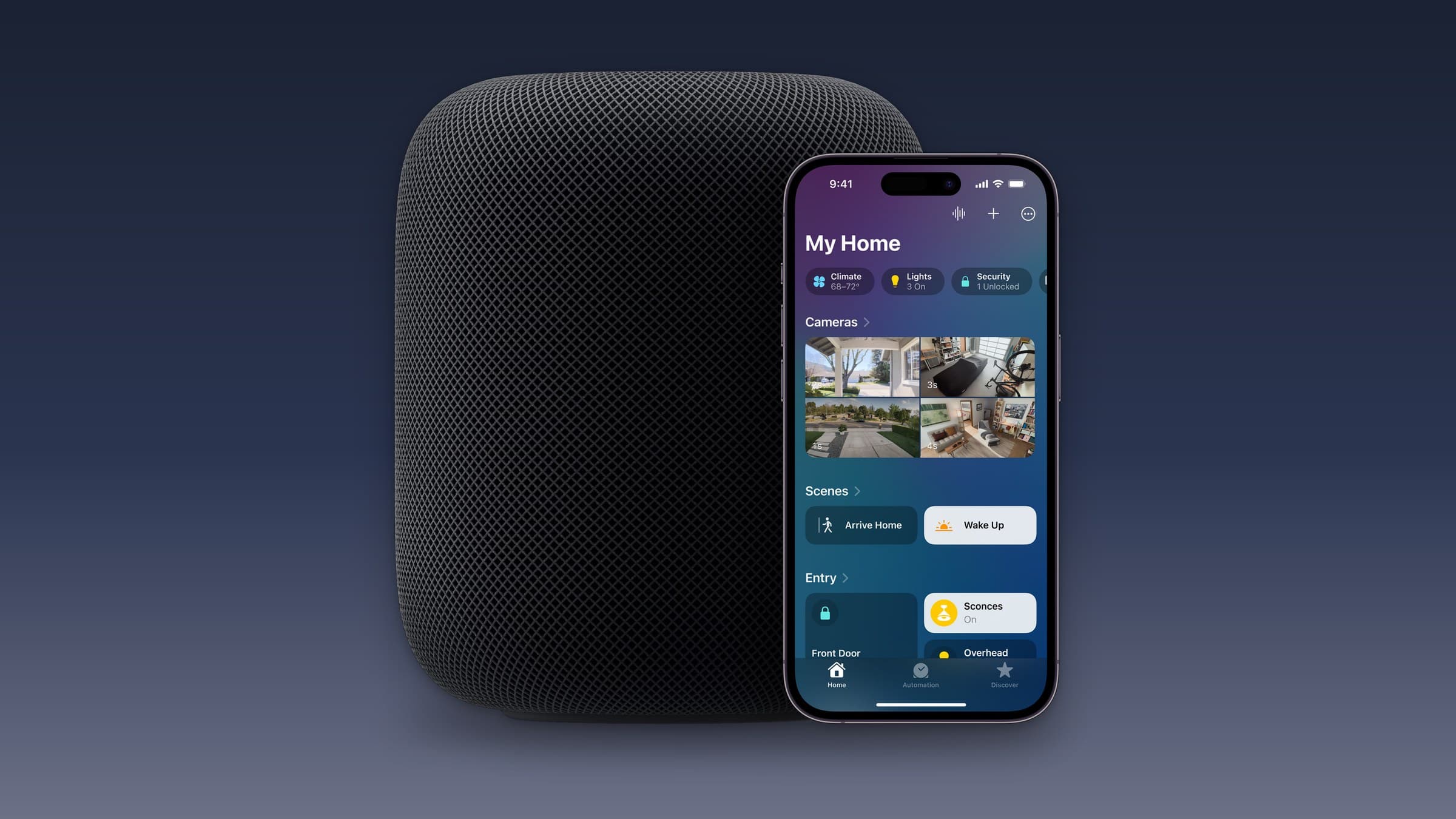 Midnight HomePod next to an iPhone showing the Home app with security cameras, scenes and front door lock, on a blue gradient