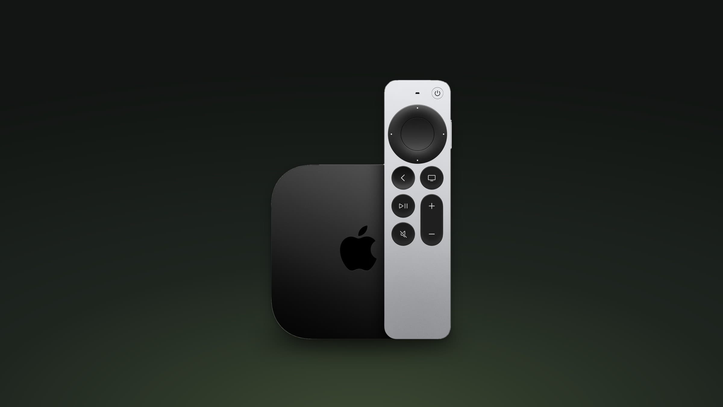 The current Apple TV 4K and silver Siri Remote on a dark green gradient background