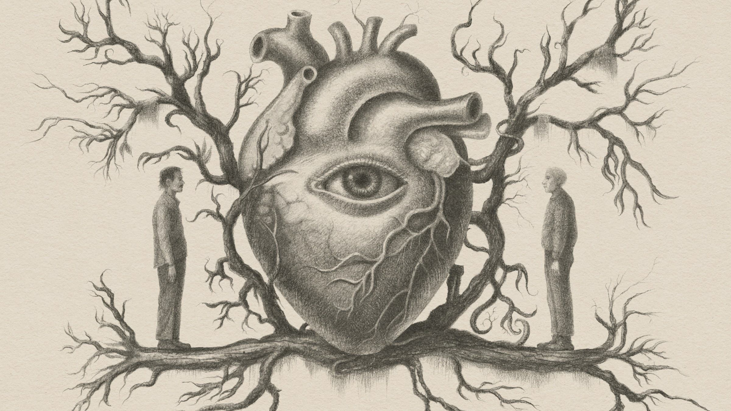 Key art for the Apple Original Podcast Heart: a pencil-drawn human heart with an eye at its centre, rooted in branching veins, with two men standing on either side
