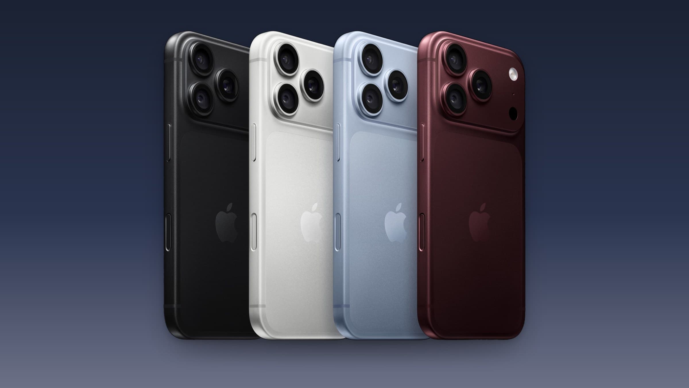 iPhone 18 Pro in four finishes, seen from the back, on a dark blue gradient