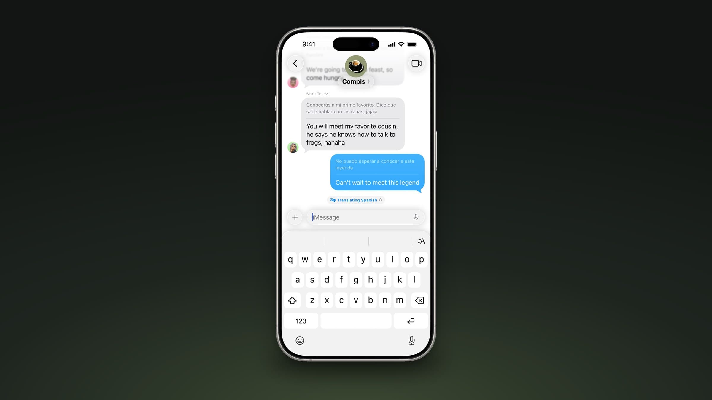 iPhone showing Live Translation in Messages, translating a Spanish conversation into English, on a dark green gradient