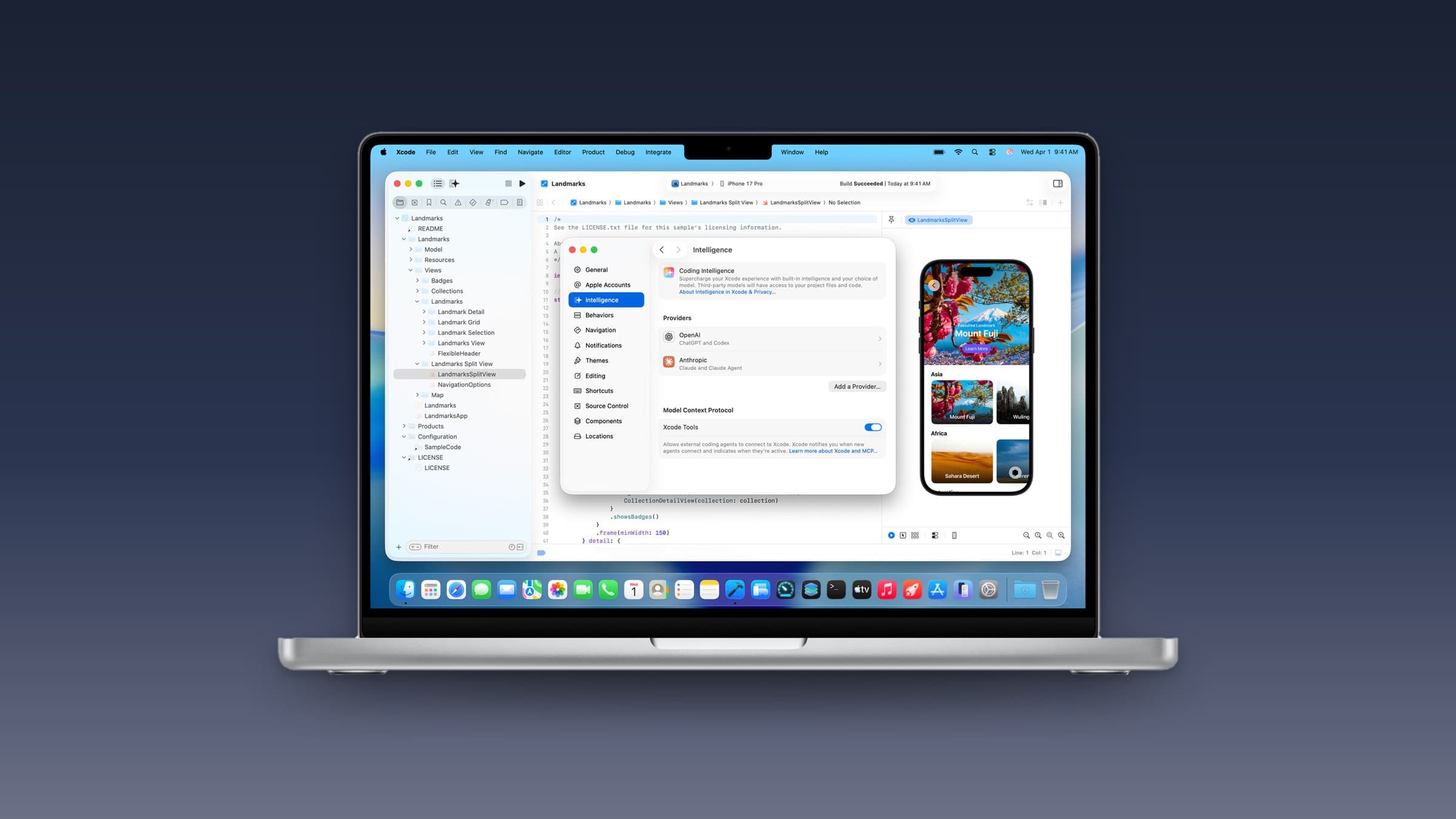 MacBook Pro running Xcode with agentic coding settings open, on a dark blue gradient background