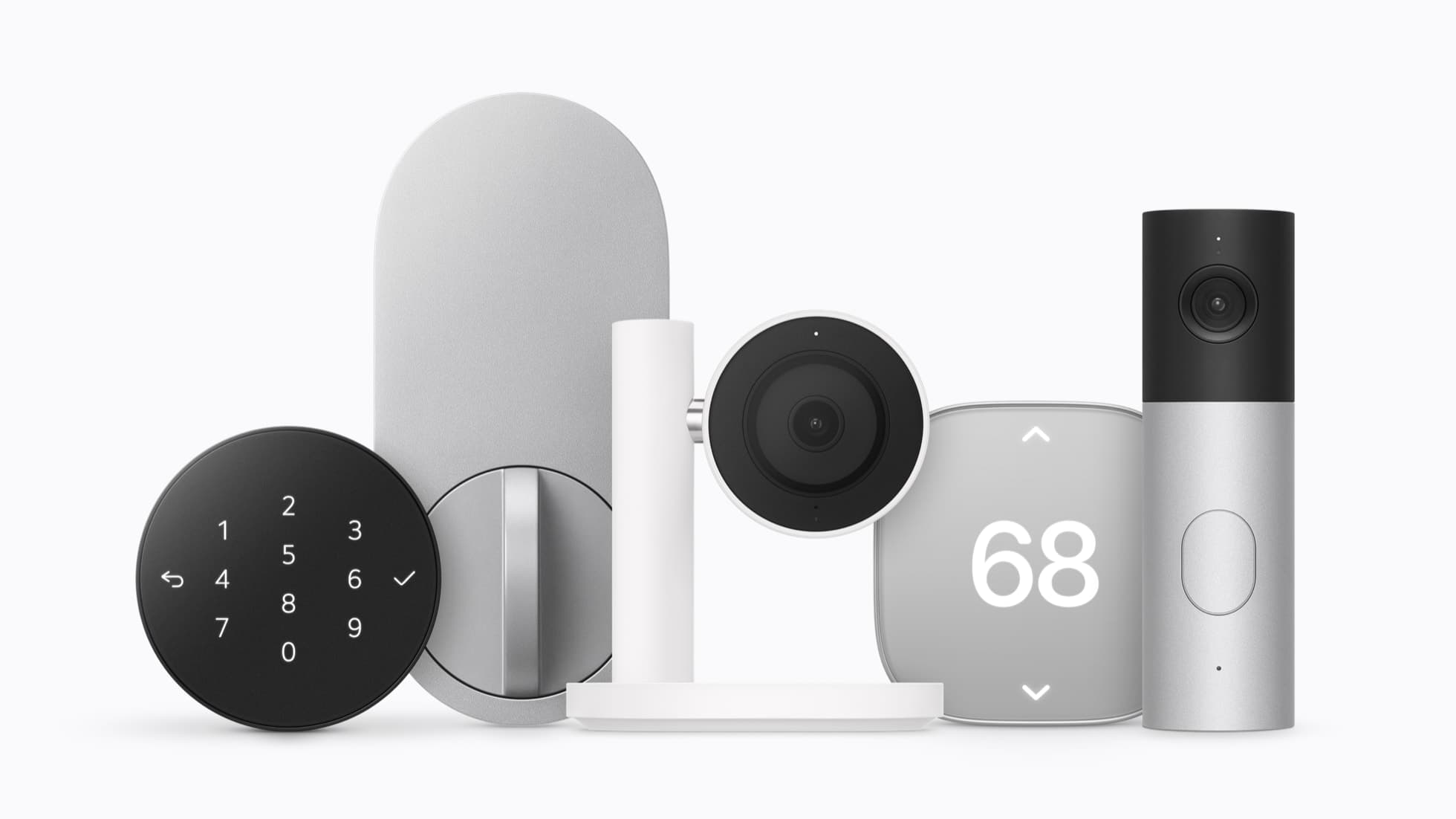 Apple Home Collection accessories side by side: a black keypad door lock, a white indoor camera, a thermostat showing 68 and a silver video doorbell