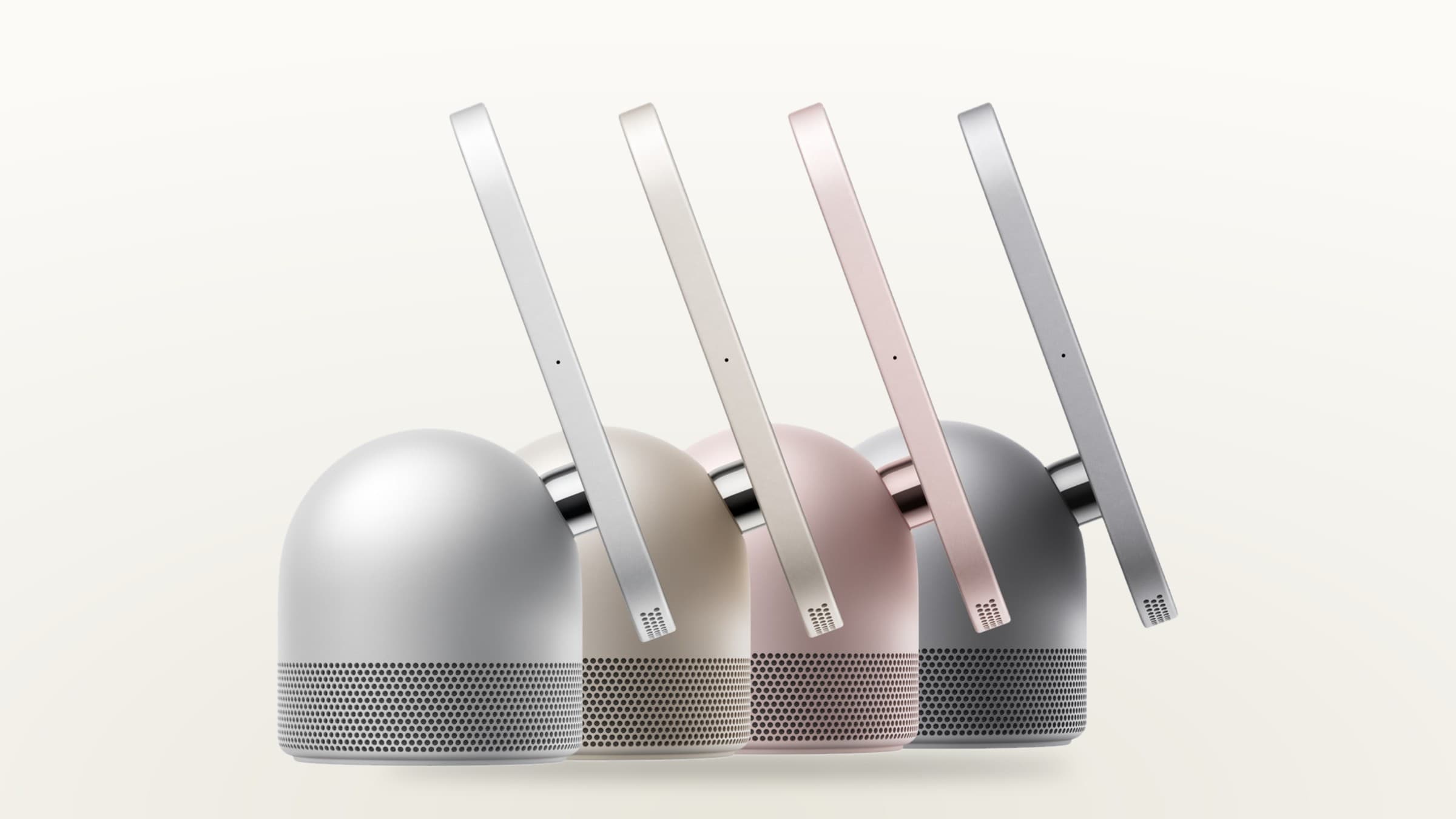 Apple HomeView smart displays in silver, starlight, rose pink and space grey on a light gradient