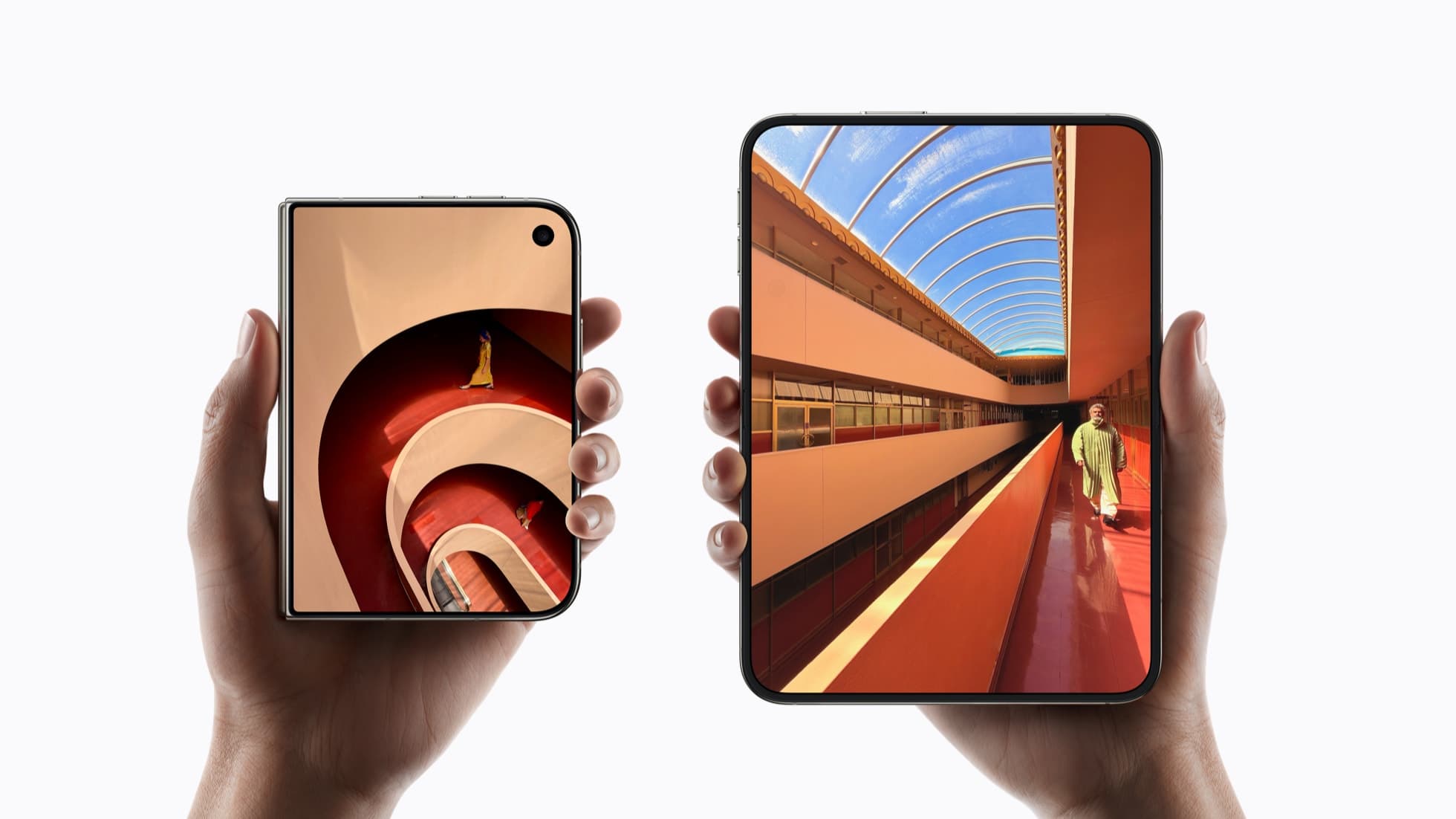 Two hands holding iPhone Duo, one folded closed and one opened to its 7.6-inch inner display