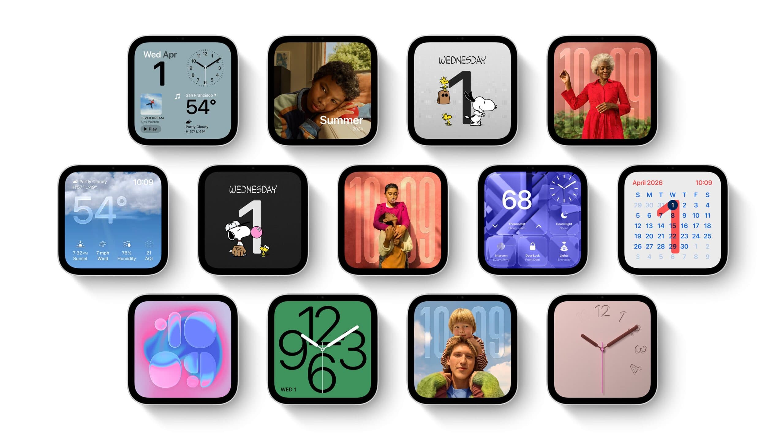 Thirteen Apple HomeView screens showing faces including Photos, Snoopy, a weather face, a calendar face, Home Modular controls and clock designs