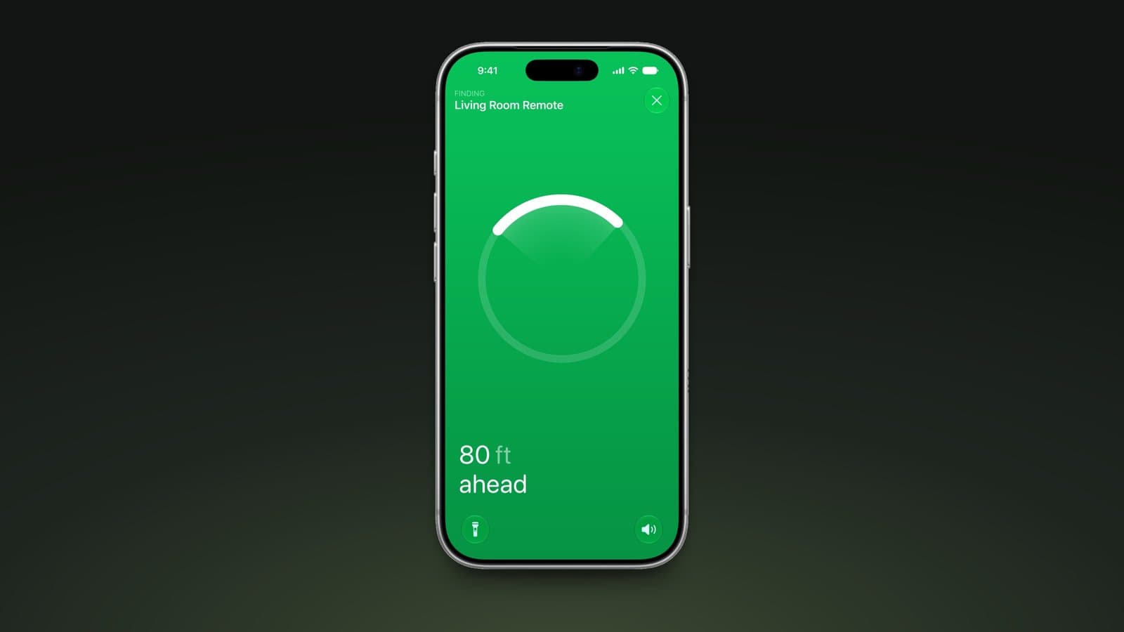 iPhone showing Find My Precision Finding guiding the user to a Living Room Siri Remote, on a dark green background