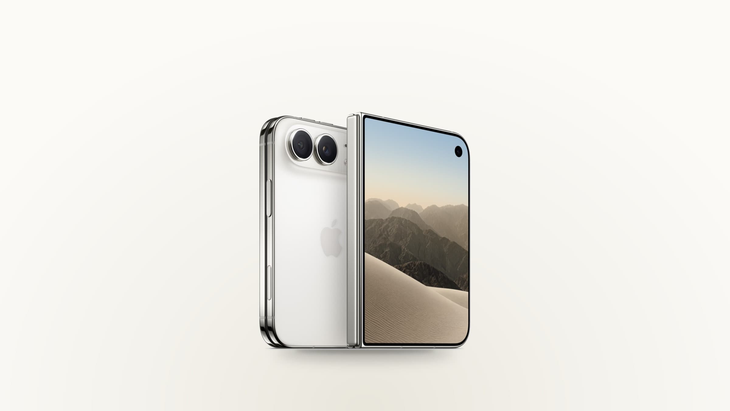 Silver iPhone Duo shown folded from the back and front on a light gradient background