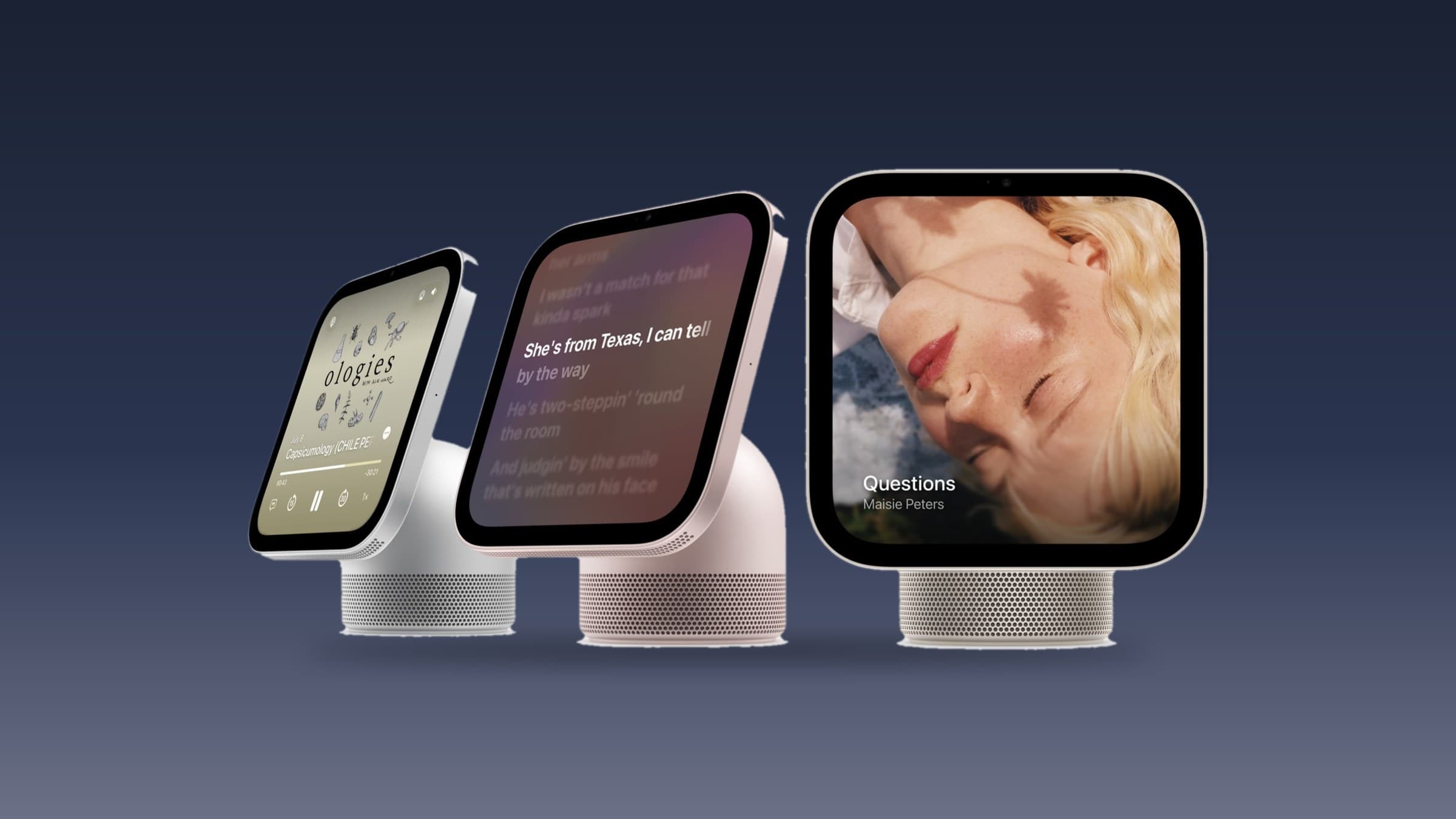 Three Apple HomeView smart displays showing Apple Podcasts, Apple Music lyrics and an album cover, on a blue gradient background