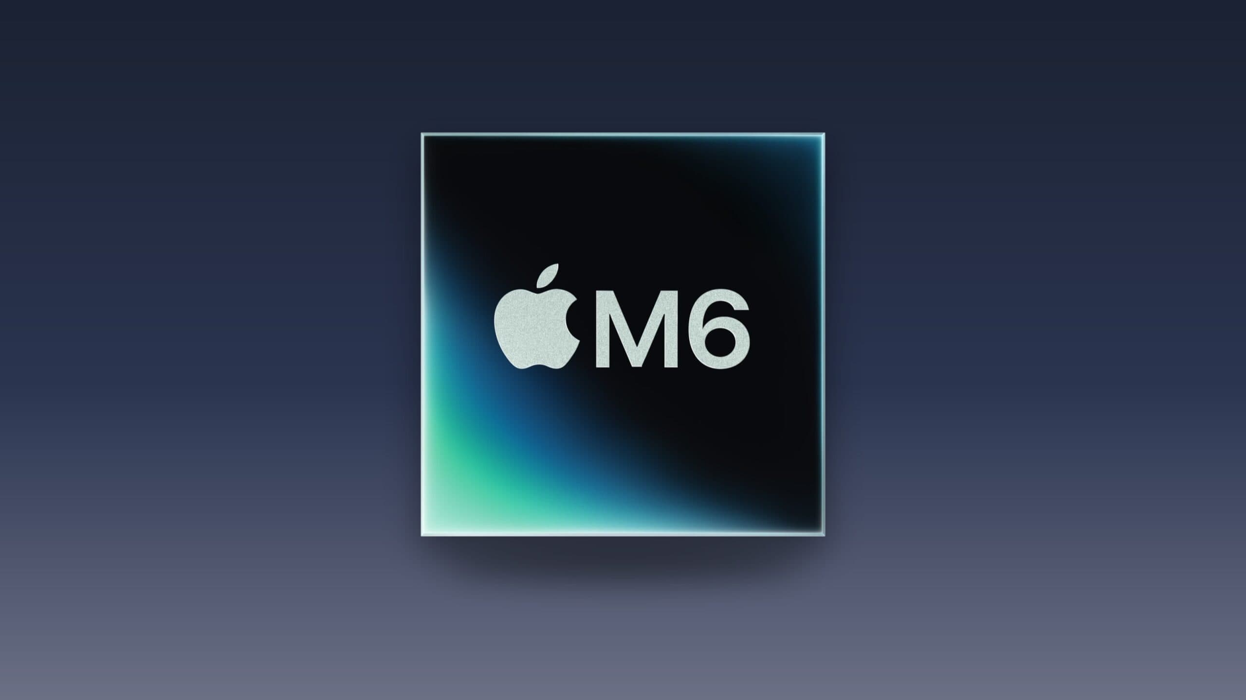 Apple M6 chip, made by TSMC, on a dark blue gradient background