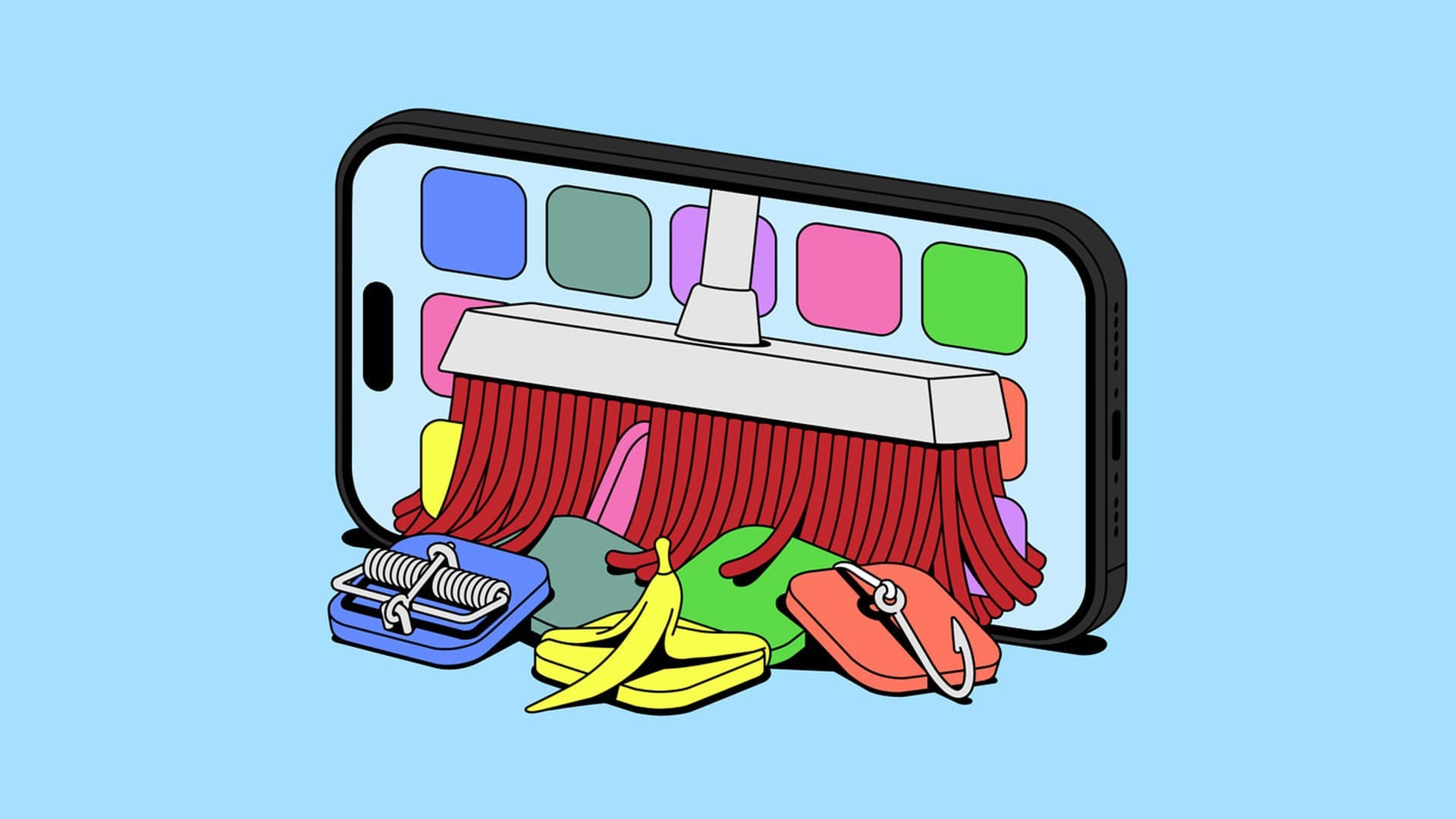 Apple illustration of an iPhone home screen with a broom sweeping away harmful apps, shown as a mousetrap, banana peel and fish hook