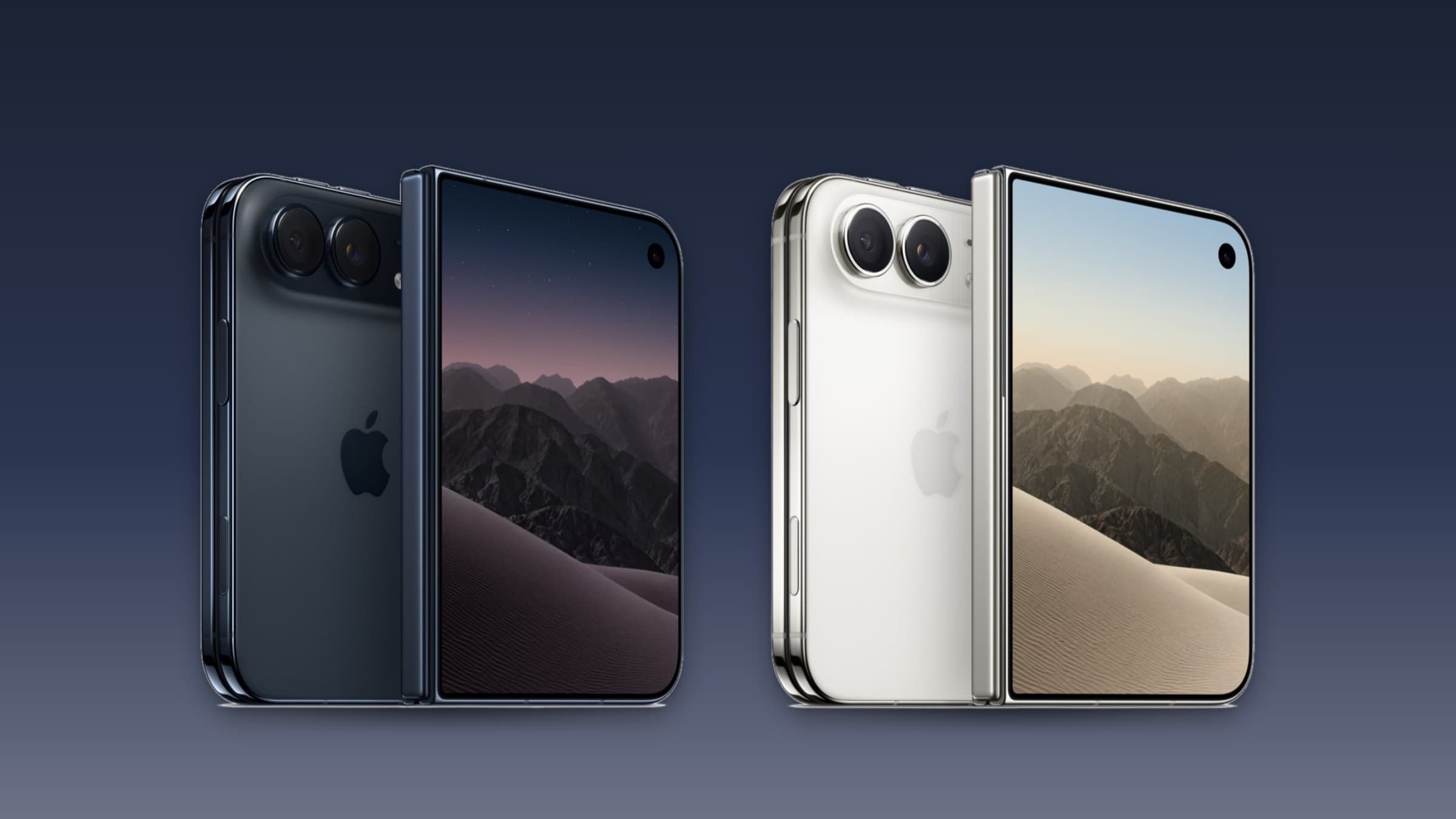 Two iPhone Duo models, one in navy and one in silver, shown open and closed on a blue gradient background