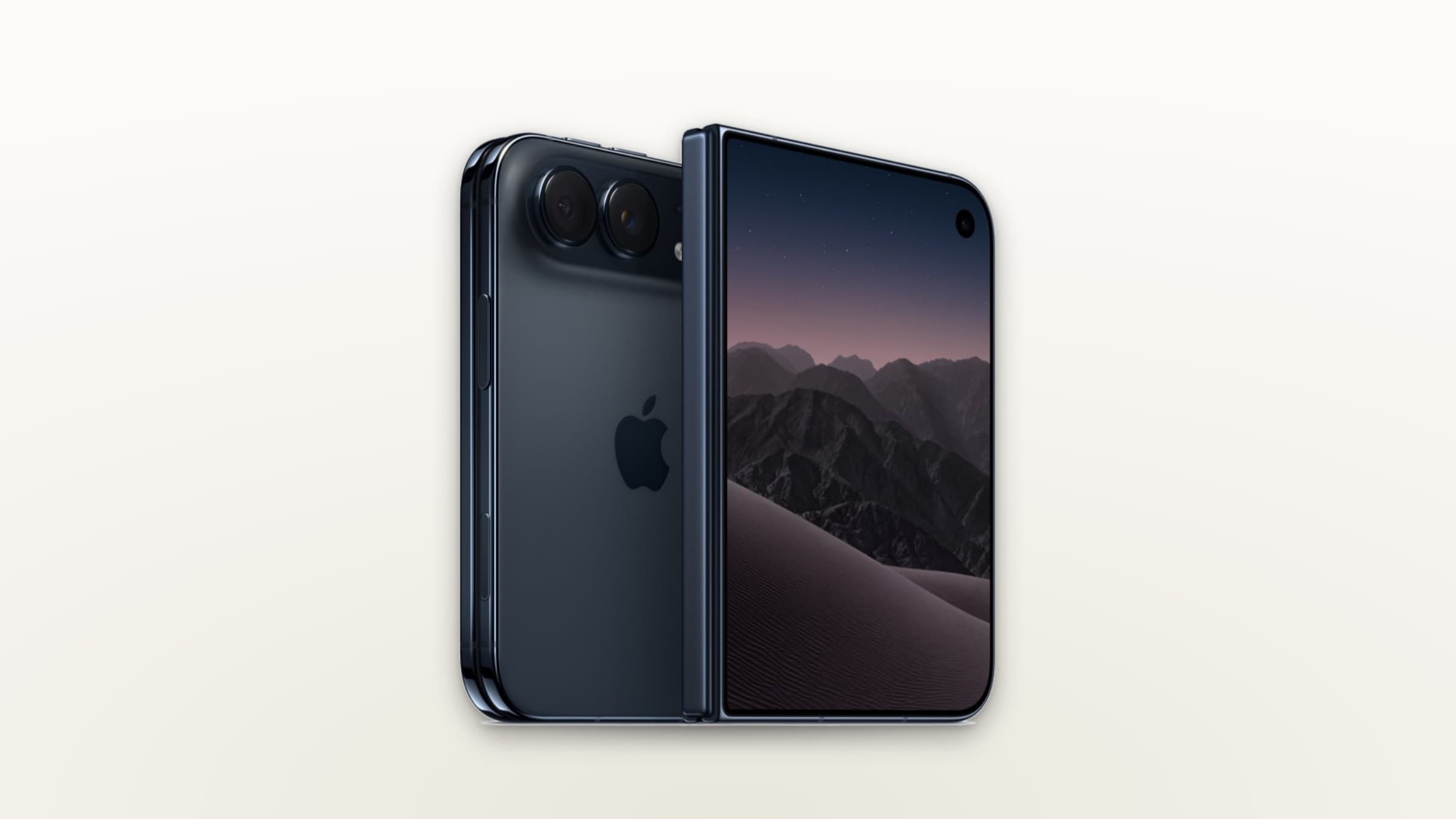 iPhone Duo in night sky, shown from the back and partly unfolded, on a light gradient background