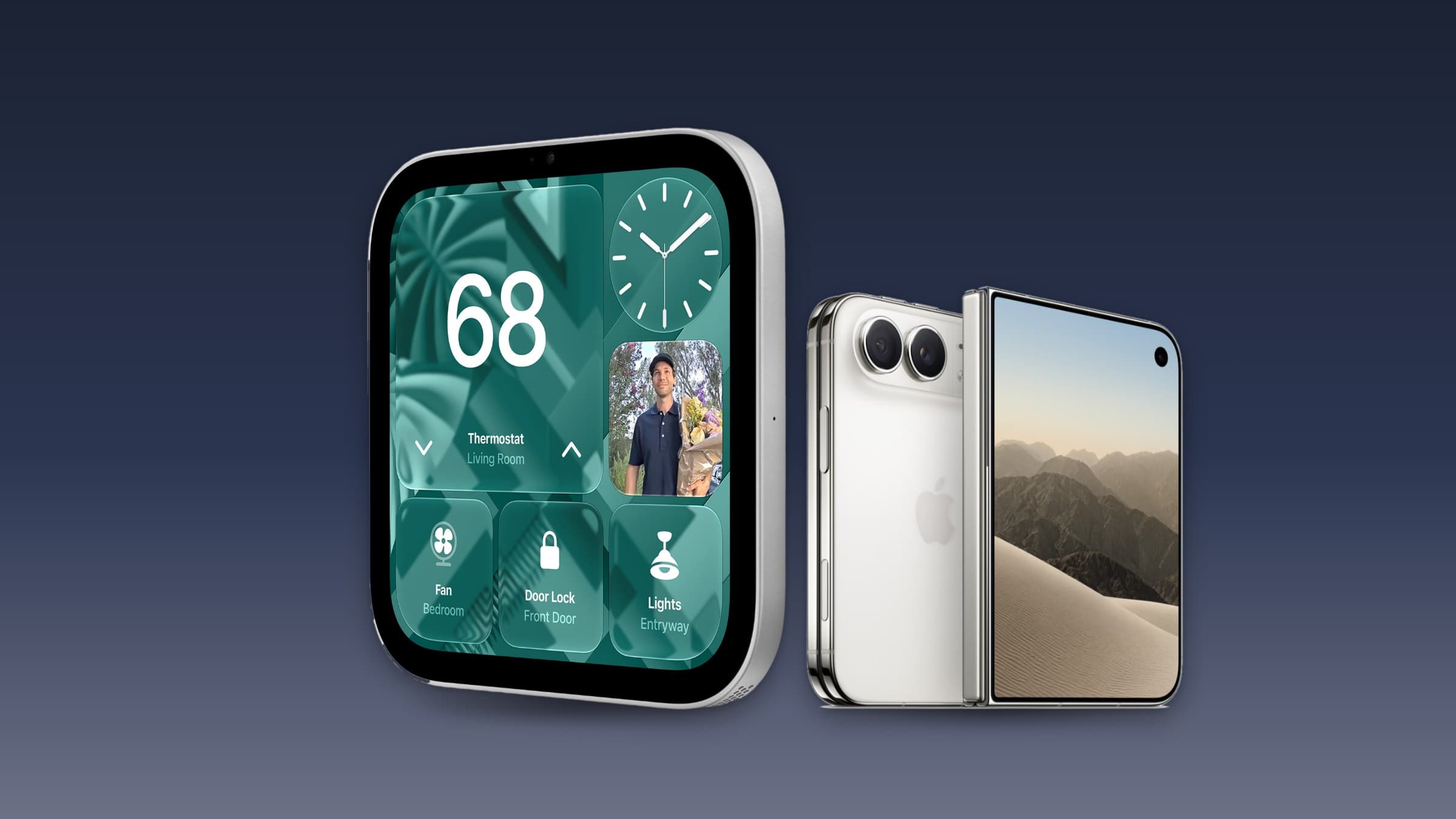 Apple HomeView smart home display and a silver iPhone Duo on a blue gradient background