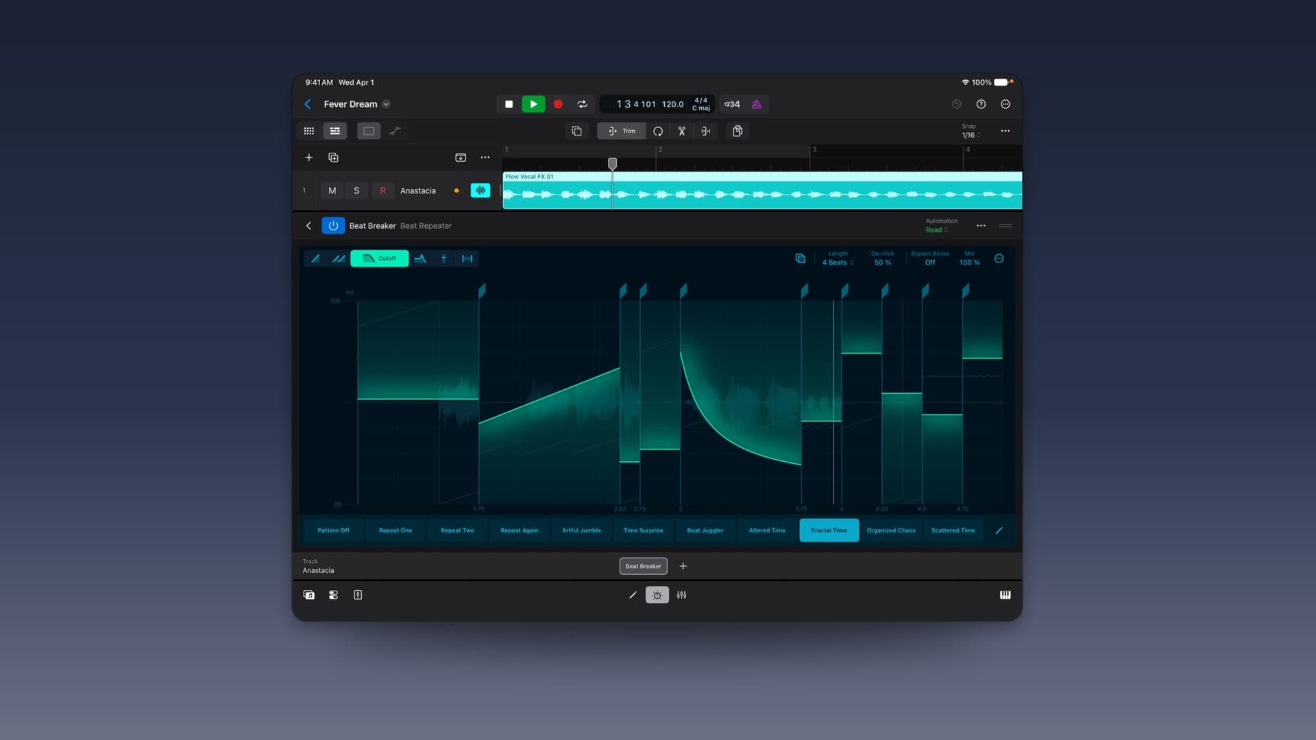 Logic Pro's Beat Breaker audio editing tool shown on iPad against a blue gradient