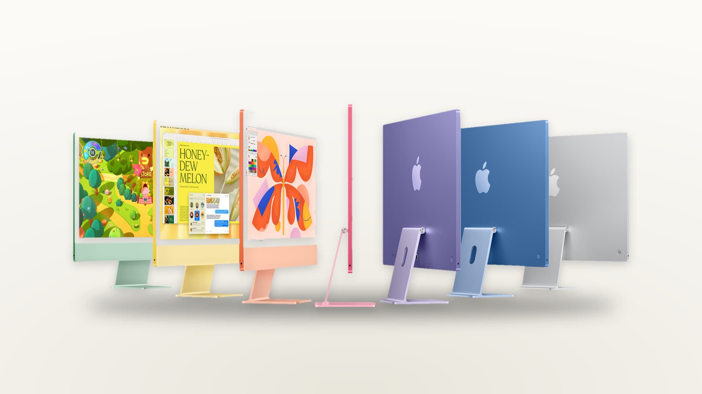 The current 24-inch M4 iMac in seven colours lined up on a light background