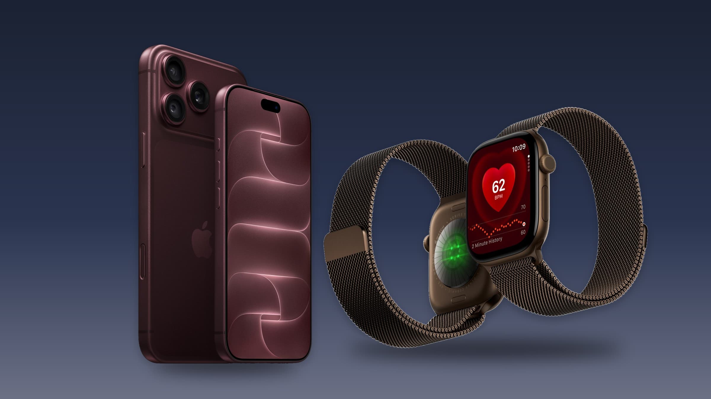 iPhone 18 Pro front and back next to an Apple Watch Series 12 with Milanese loop on a dark blue gradient