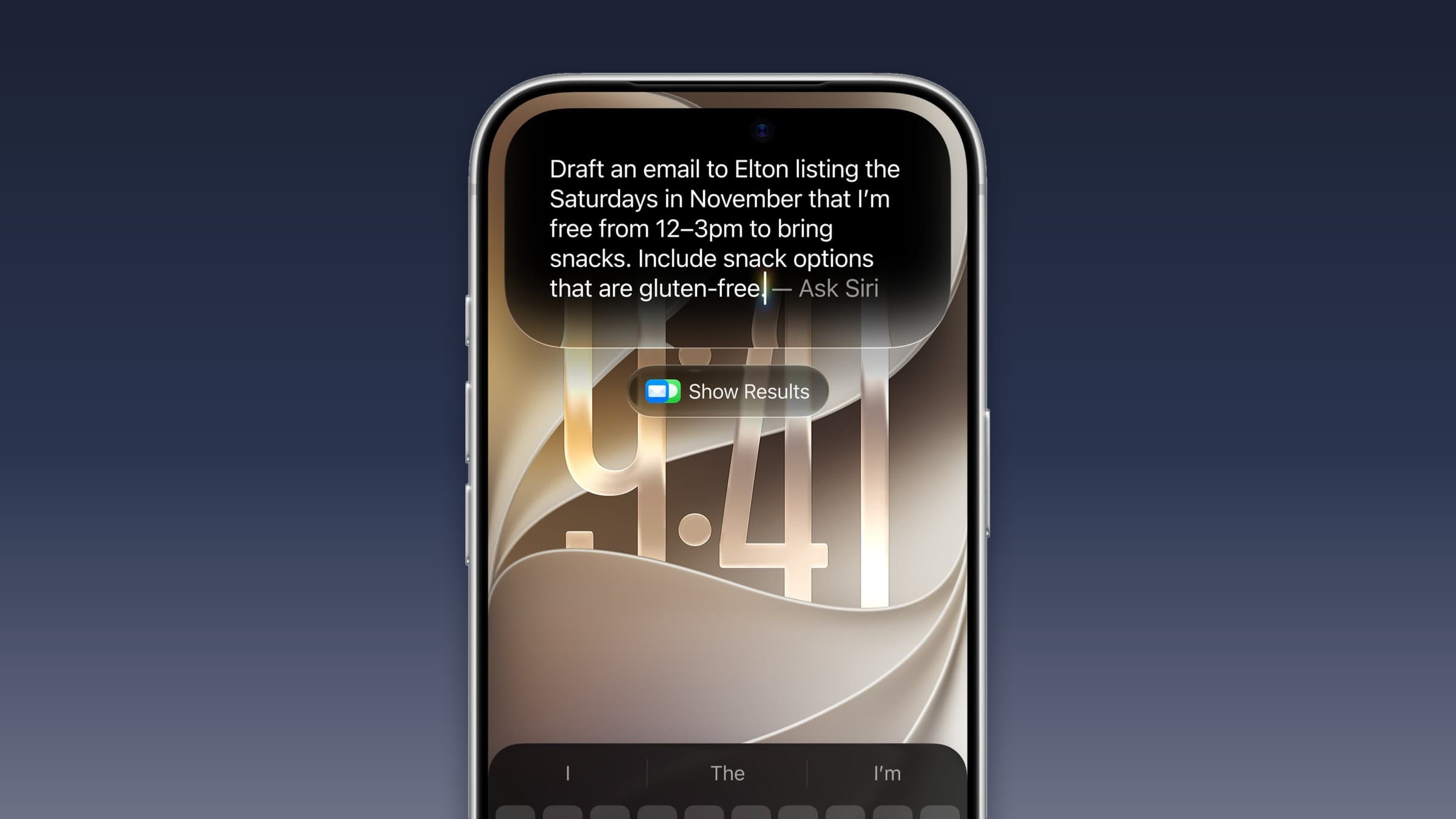 iPhone showing a Siri AI request on the Lock Screen, on a dark blue gradient