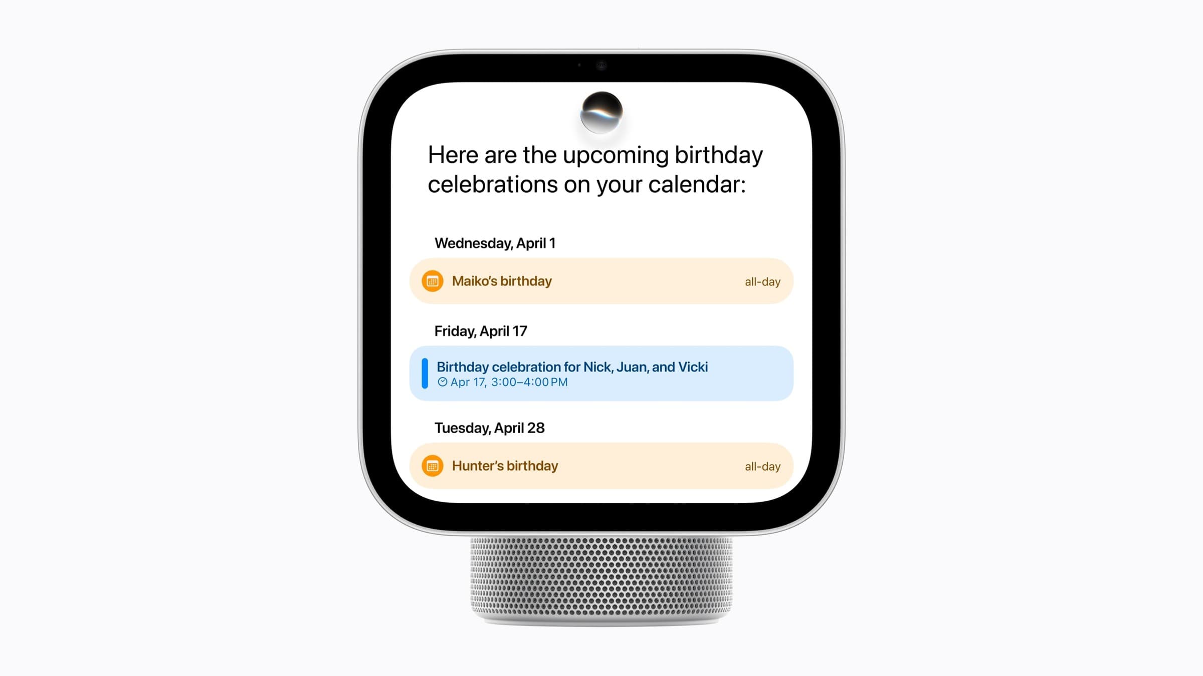 Apple HomeView smart display showing Siri AI listing upcoming birthday celebrations from a personal calendar