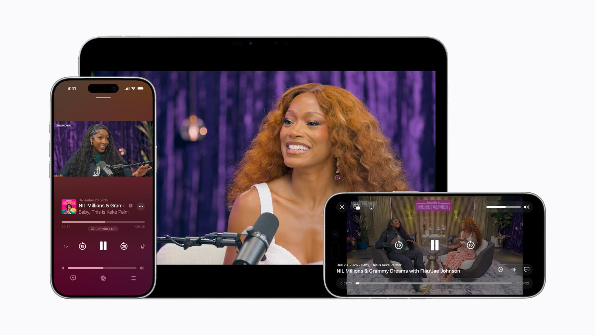 The Apple Podcasts app playing an episode on iPhone and iPad