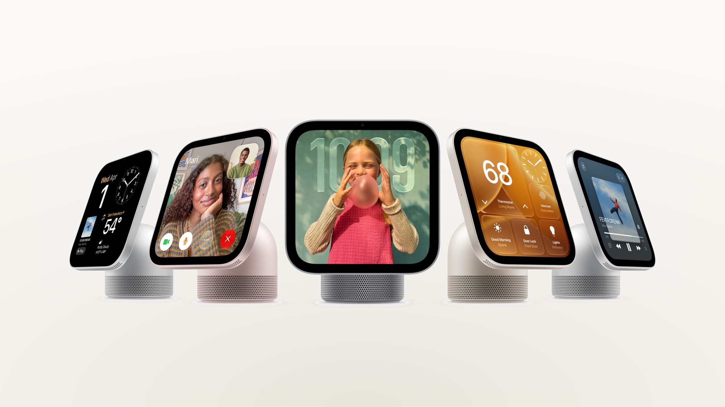 Five Apple HomeView smart displays in silver, rose pink, space grey and starlight on a light background