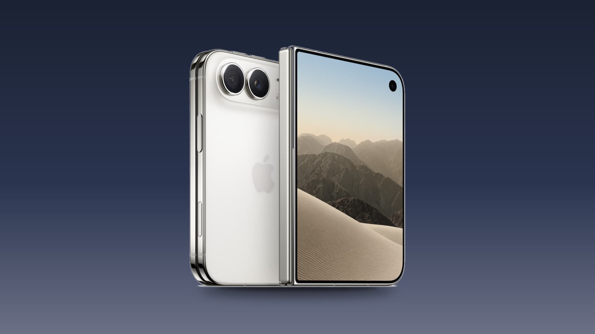 Silver iPhone Duo partly unfolded, showing the hinge between its two halves, on a dark blue gradient