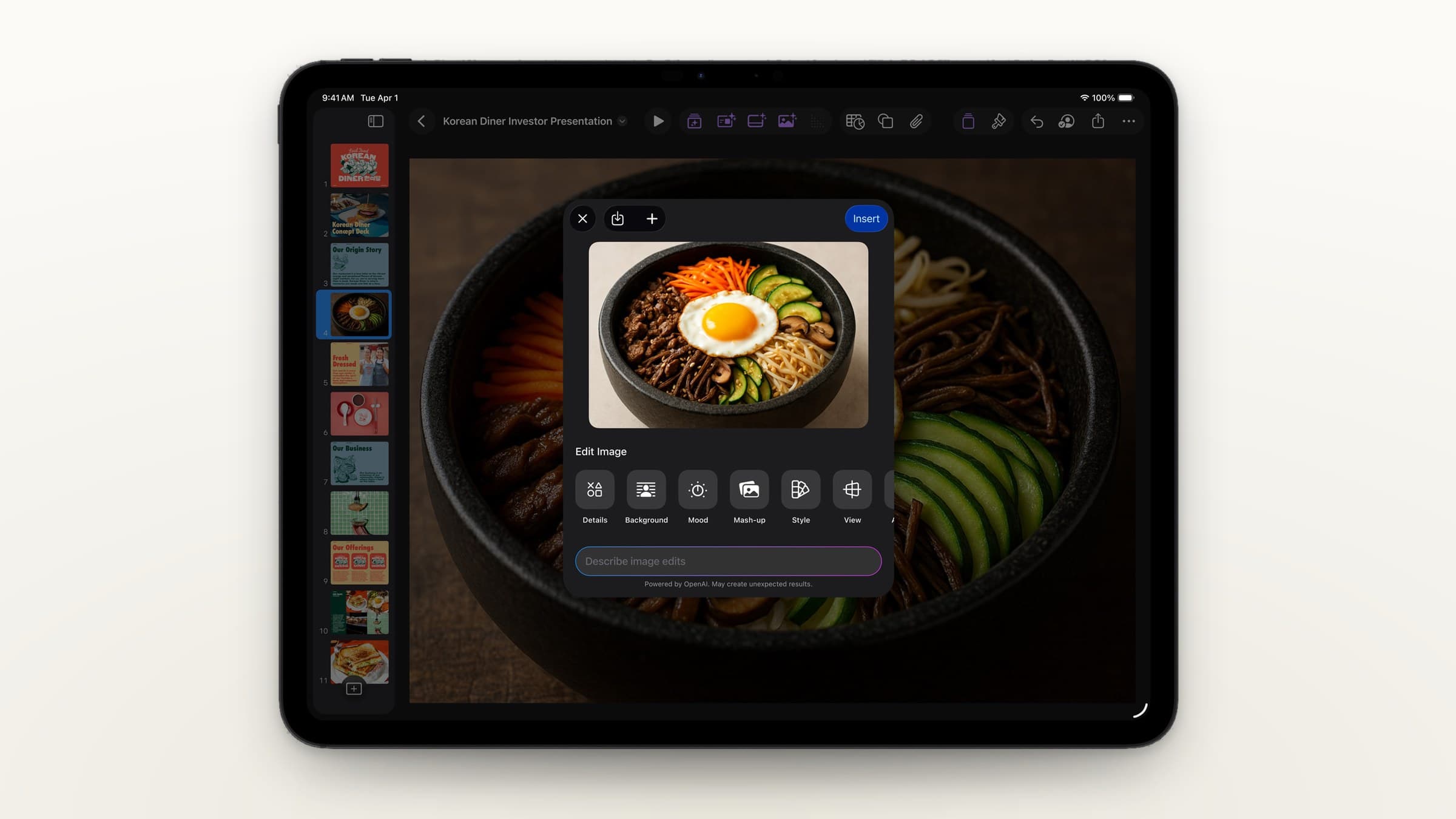 iPad showing Keynote with an AI image editing panel, on a light background
