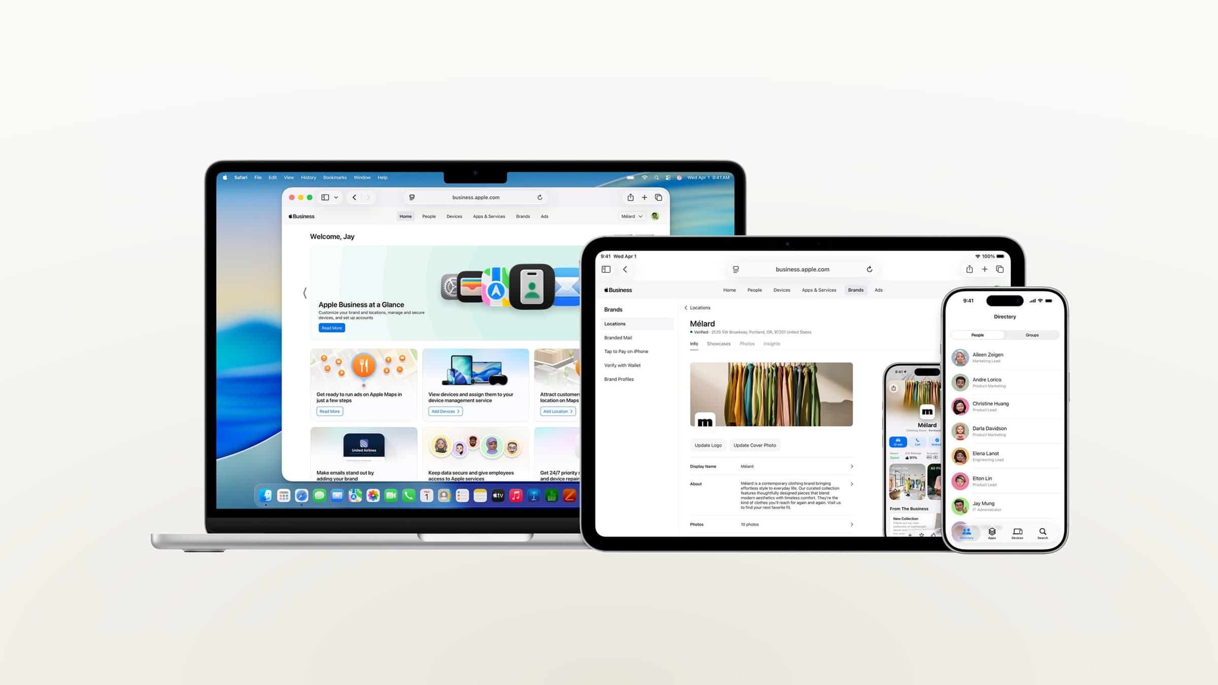 Apple Business shown on a MacBook, iPad and iPhone against a light background