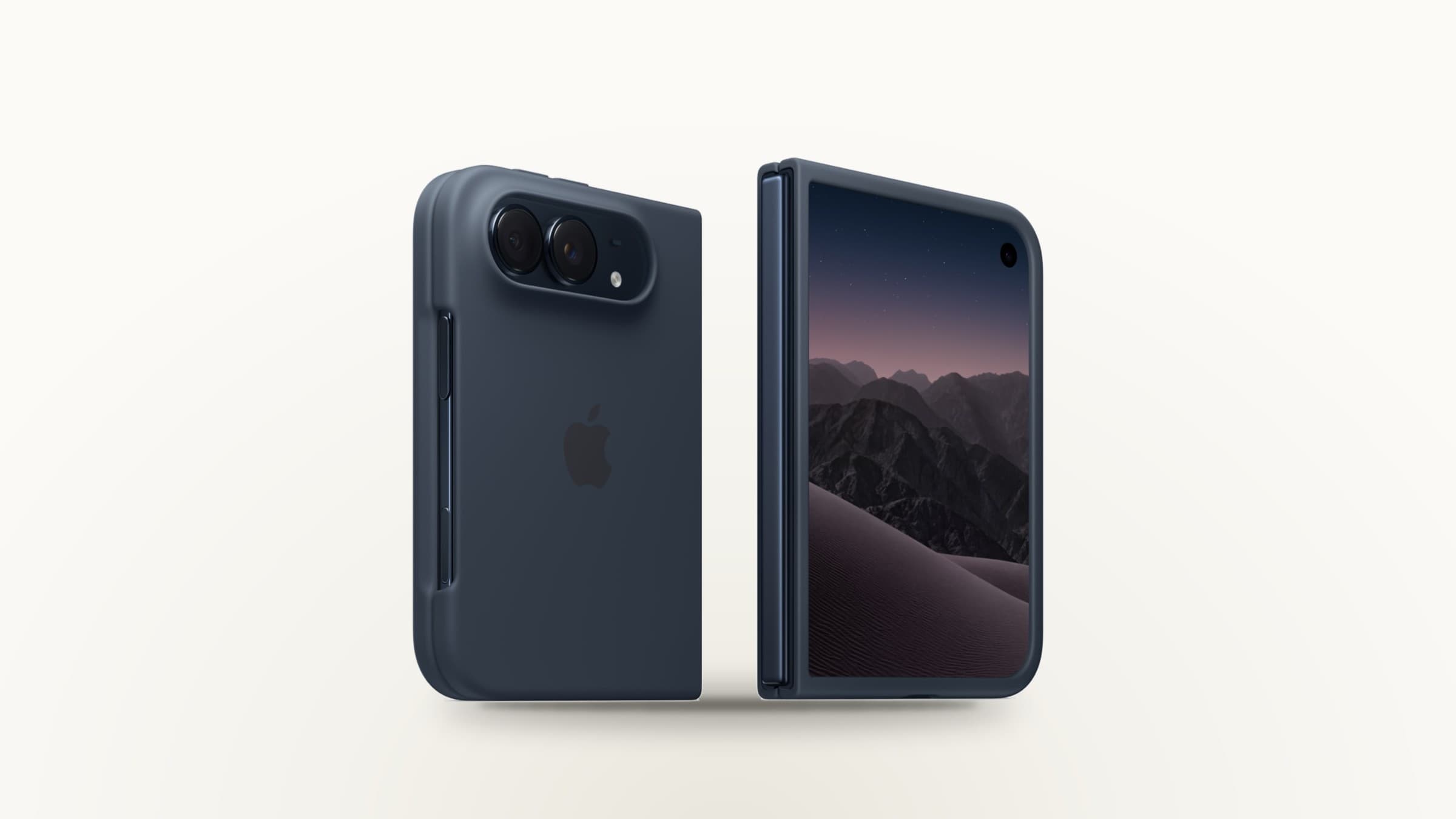 iPhone Duo in blue, folded, shown from the back and the front on a light gradient background