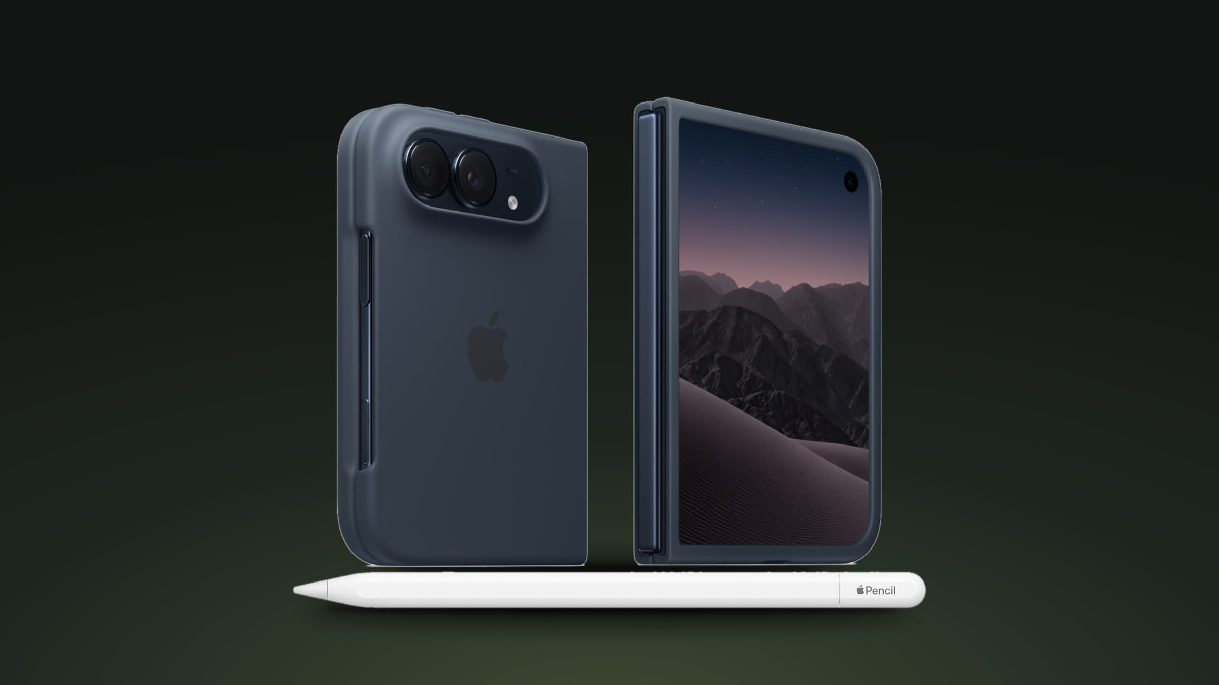 iPhone Duo in navy blue case, shown folded from the back and front, with a white Apple Pencil (USB-C) lying in front on a dark green background