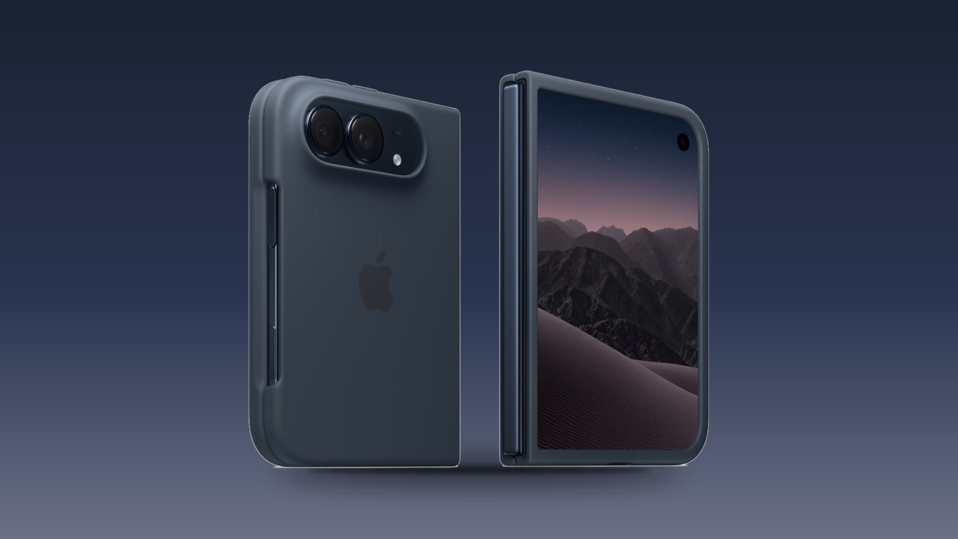 Apple's iPhone Duo, shown closed and open with its foldable display, on a blue gradient