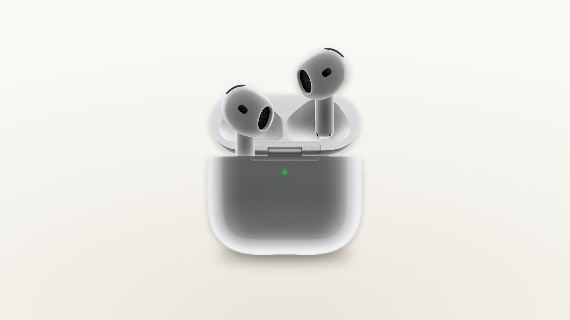 Apple AirPods 4 in their open charging case on a light cream gradient background