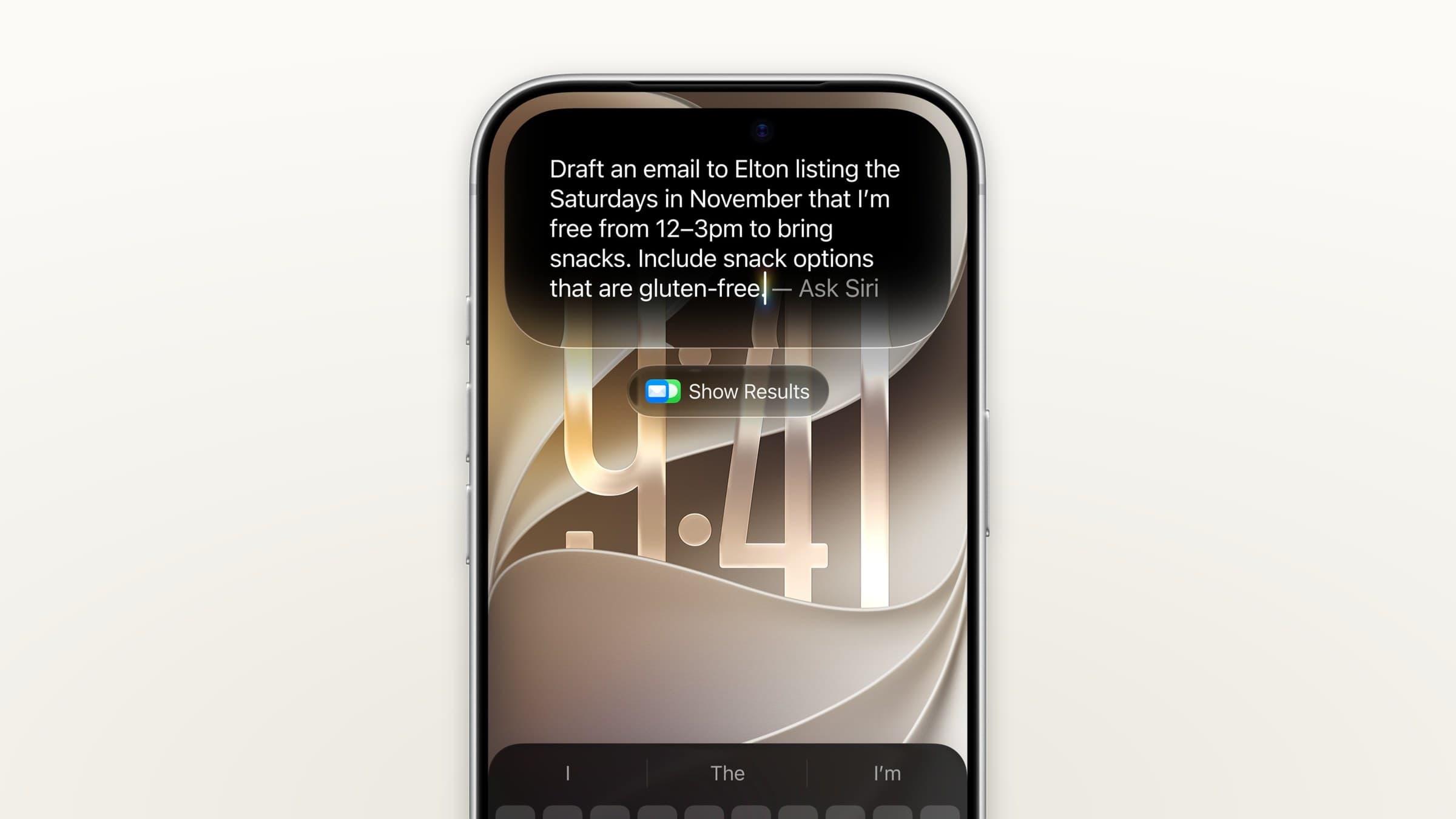 iPhone showing a Siri AI request on the Lock Screen, on a light background