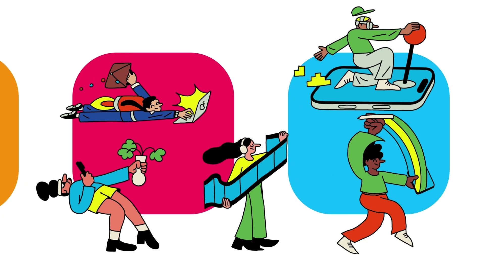 Apple's App Store ecosystem illustration showing people carrying app-themed objects in front of colourful app-icon shapes
