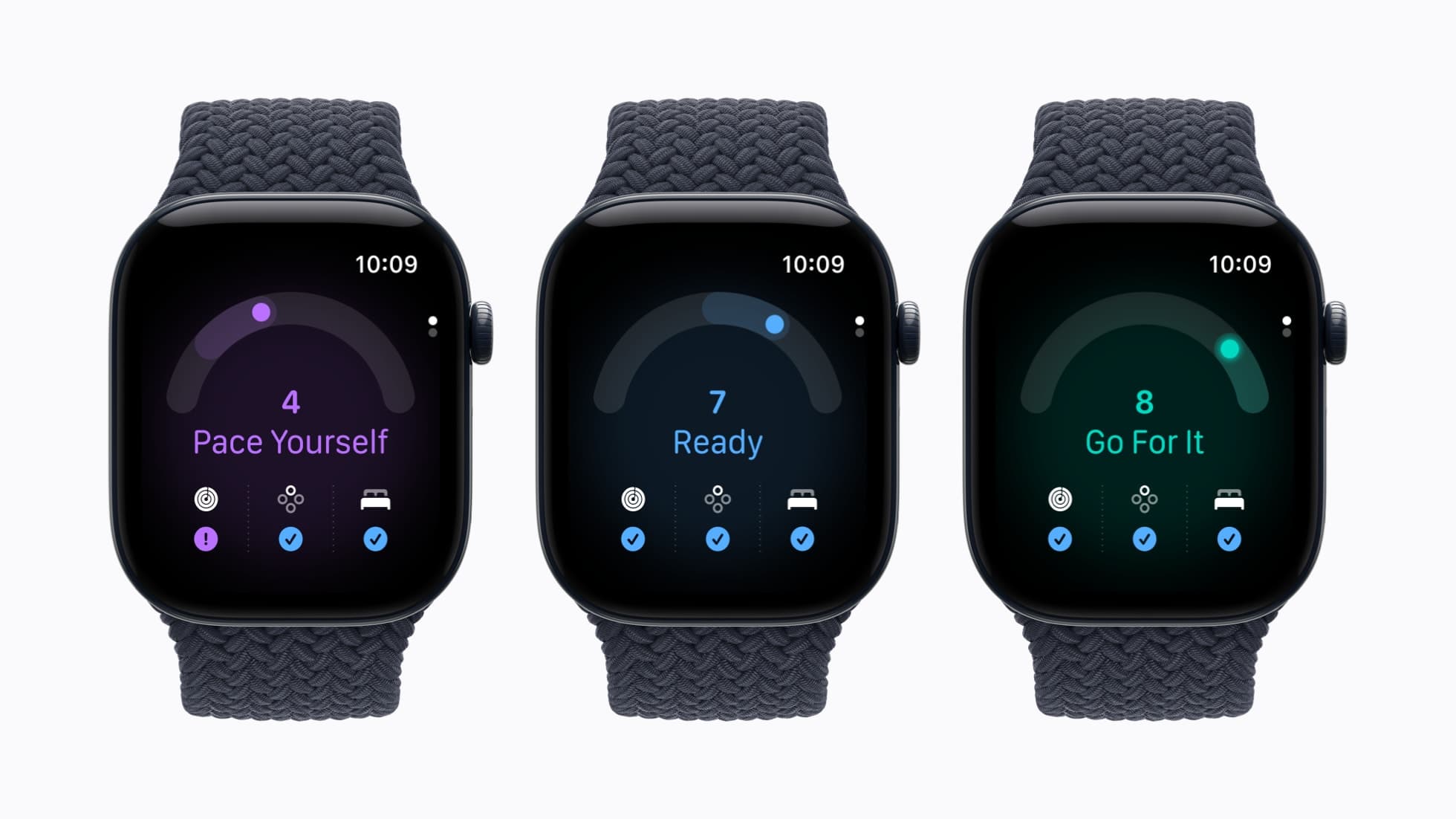 Three Apple Watch Series 12 devices show readiness scores: Pace Yourself, Ready and Go For It.
